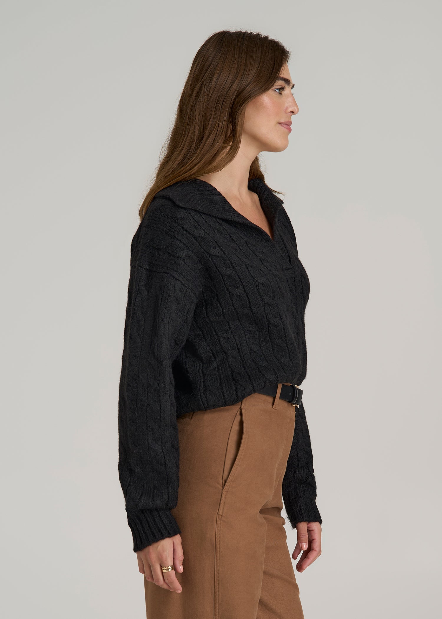 Johnny Collar Cable Knit Sweater for Tall Women in Black