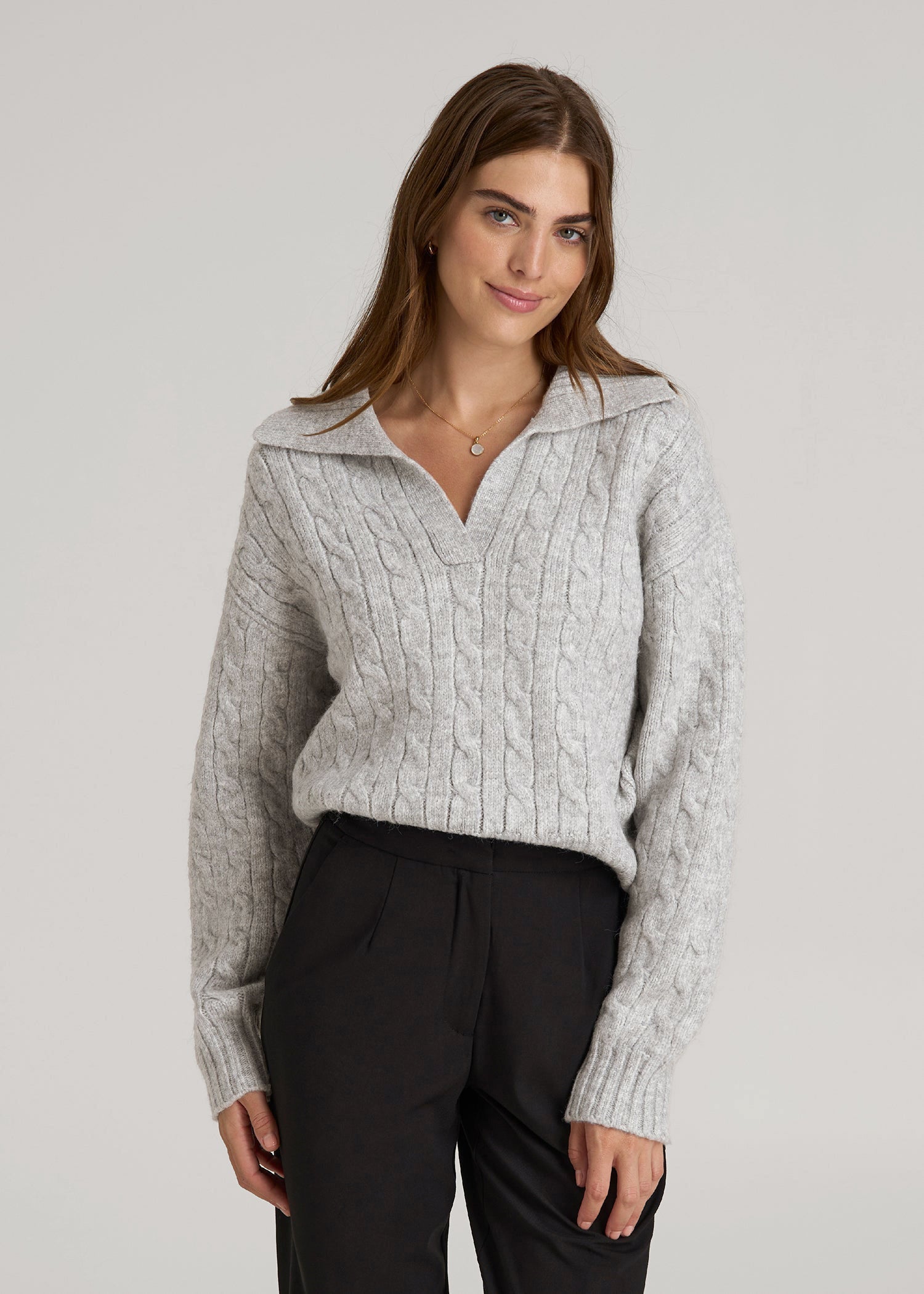 Johnny Collar Cable Knit Sweater for Tall Women in Grey Mix
