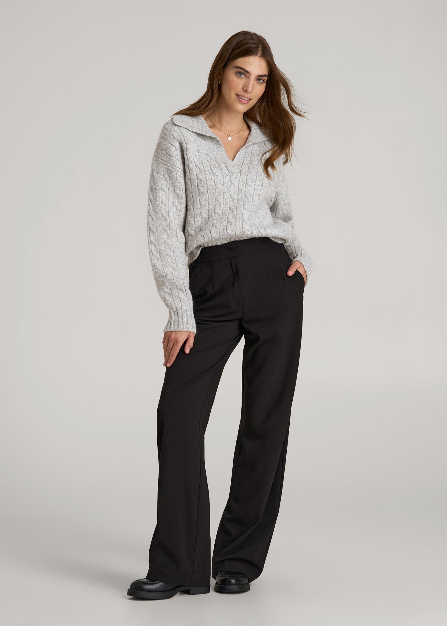Johnny Collar Cable Knit Sweater for Tall Women in Grey Mix