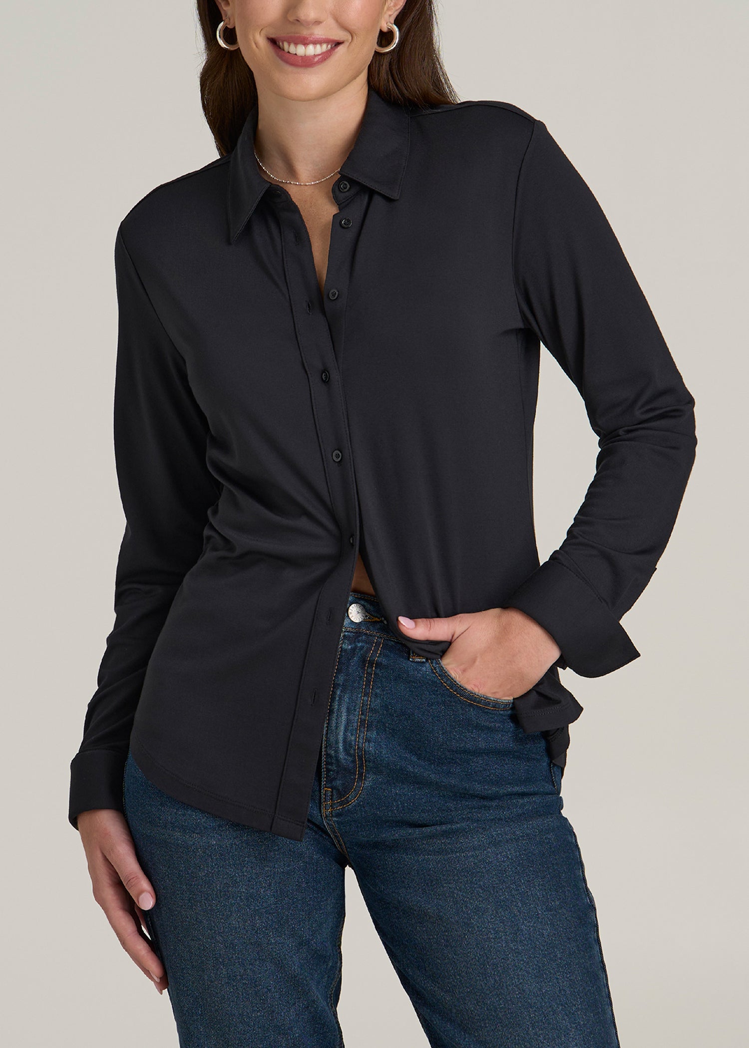 Slub Knit Button Up Women's Tall Shirt in Black