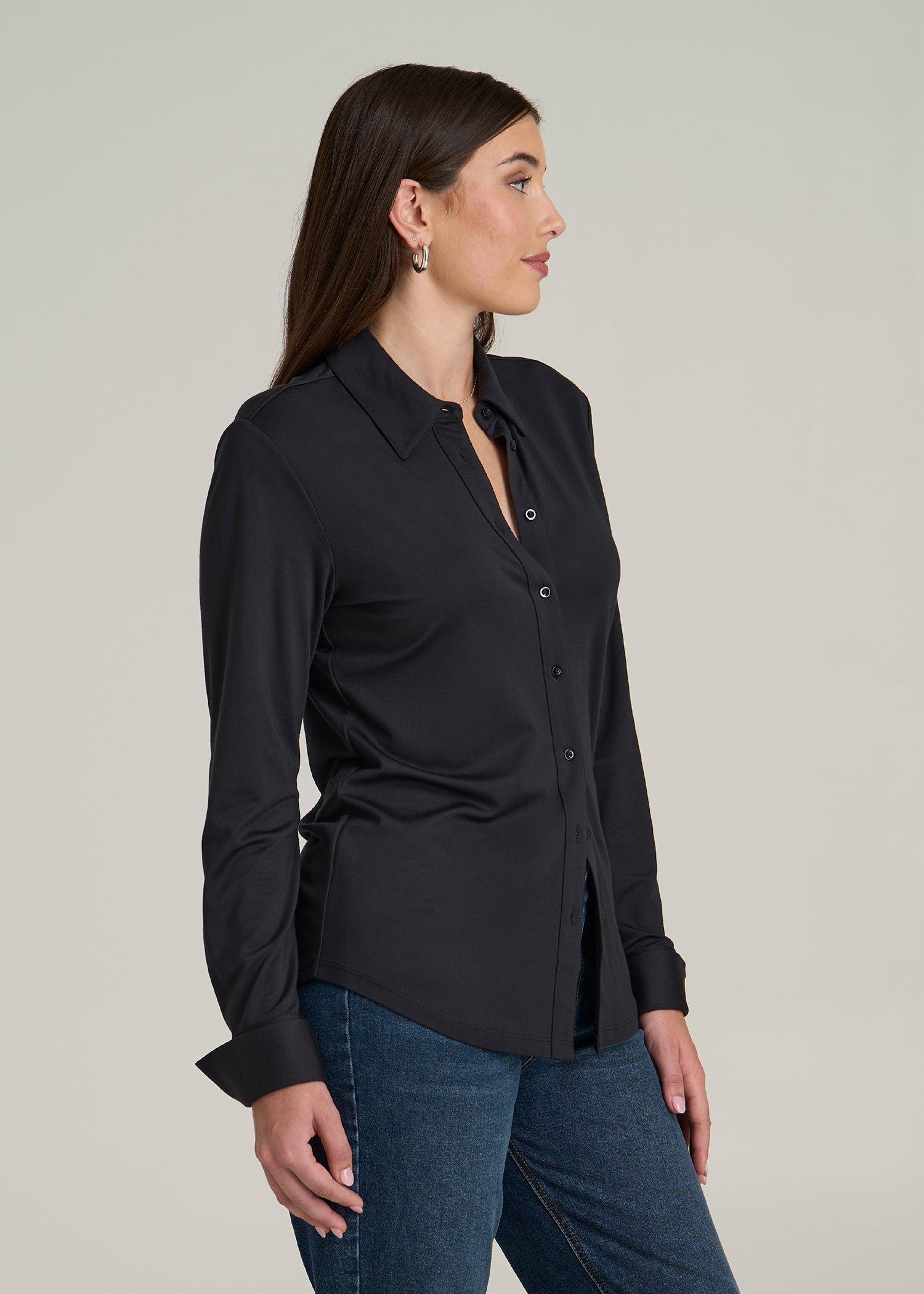 Slub Knit Button-Up Shirt for Tall Women in Black