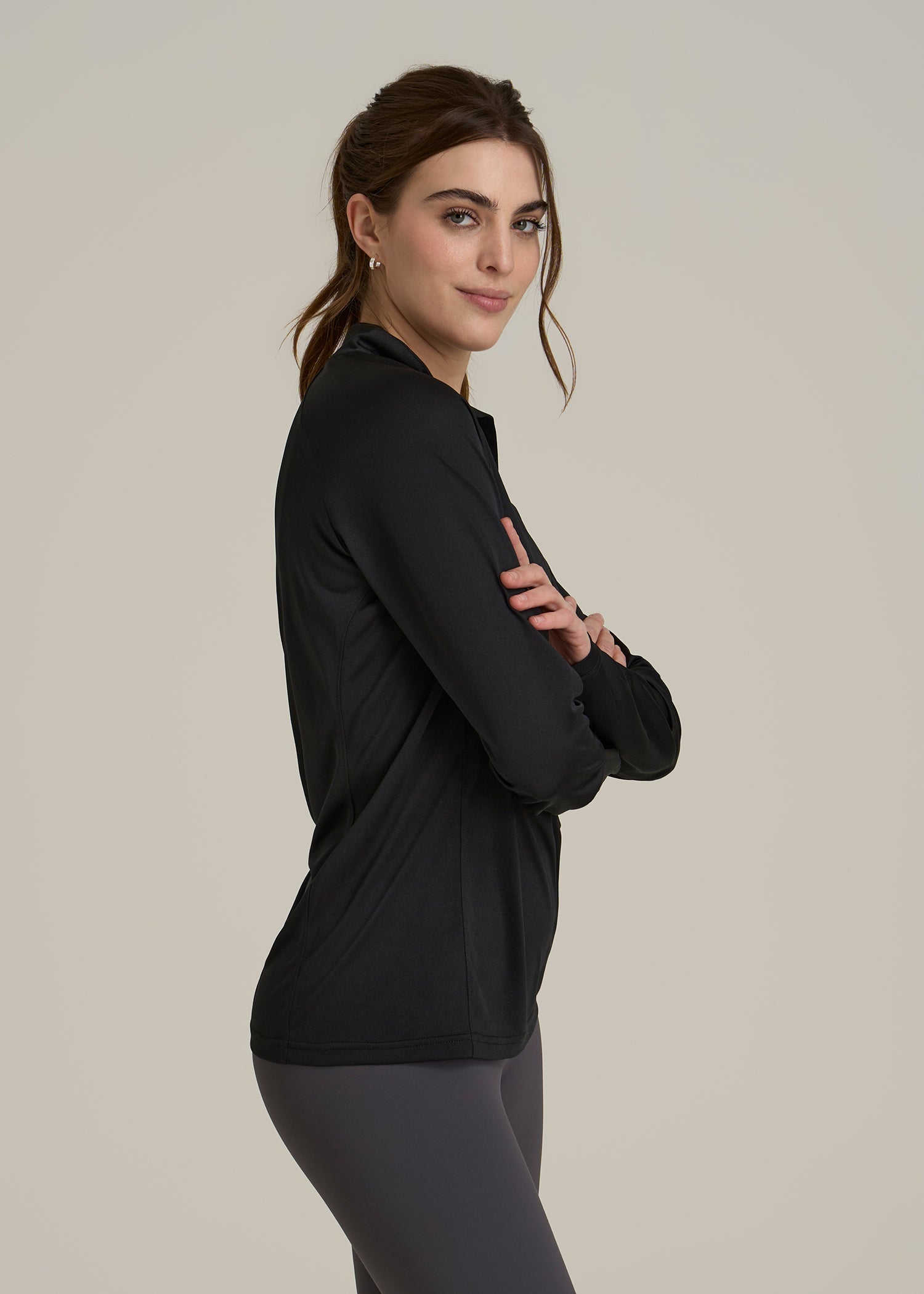 Long Sleeve Active Half-Zip Pullover Jacket for Tall Women in Black