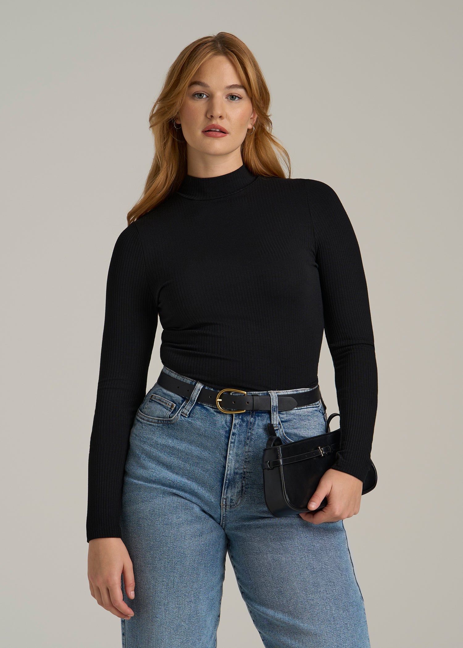 Long Sleeve Mock Neck Ribbed Top Black American Tall