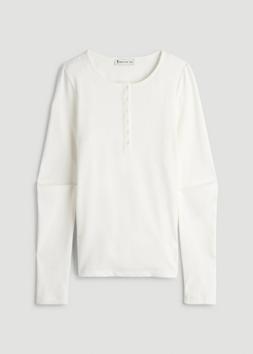 Long Sleeve Ribbed Crewneck Henley Shirt for Tall Women in Cream