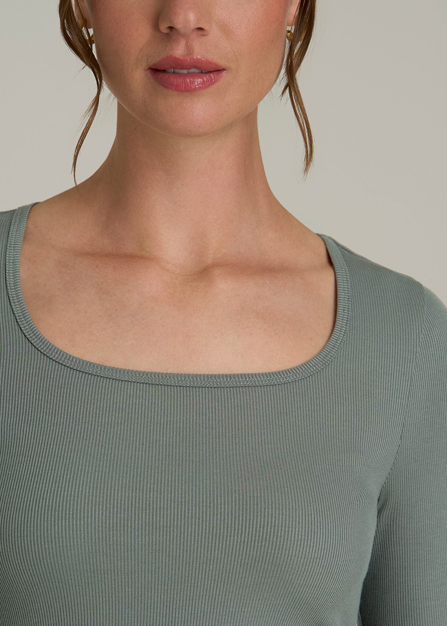 Long Sleeve Ribbed Square Neck Top for Tall Women in Balsam Green