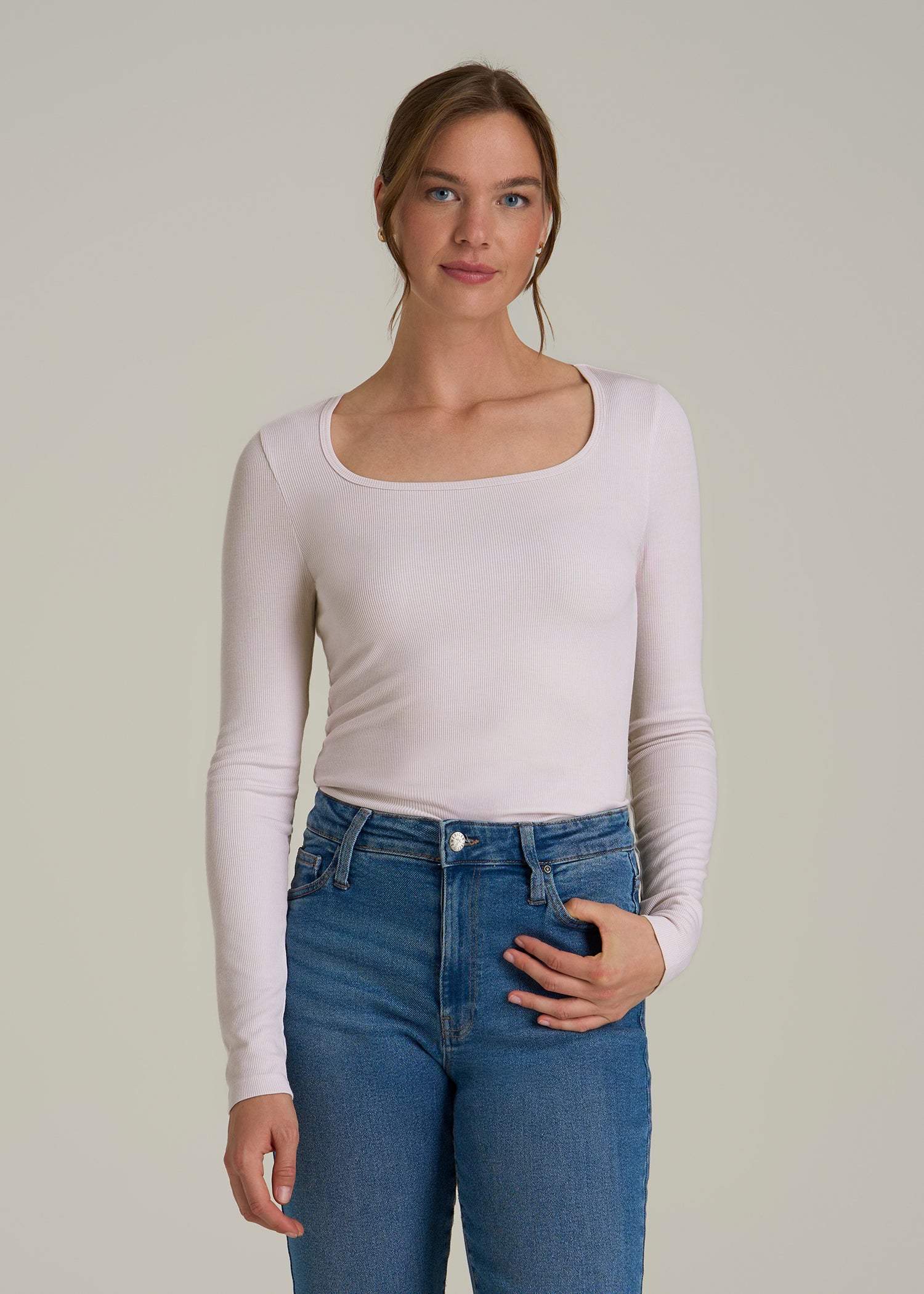 Long Sleeve Ribbed Square Neck Top for Tall Women in Grey Lilac