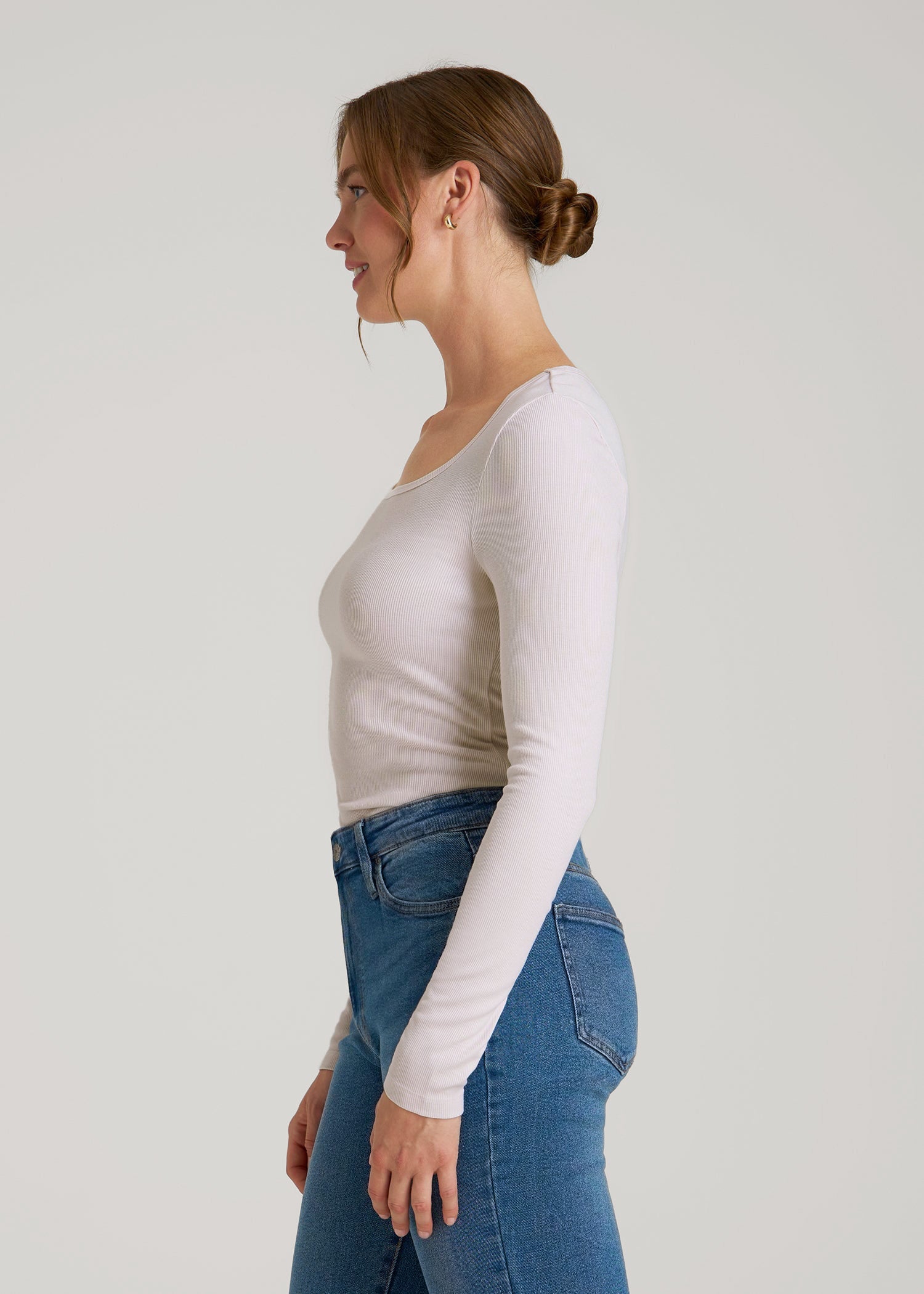 Long Sleeve Ribbed Square Neck Top for Tall Women in Grey Lilac