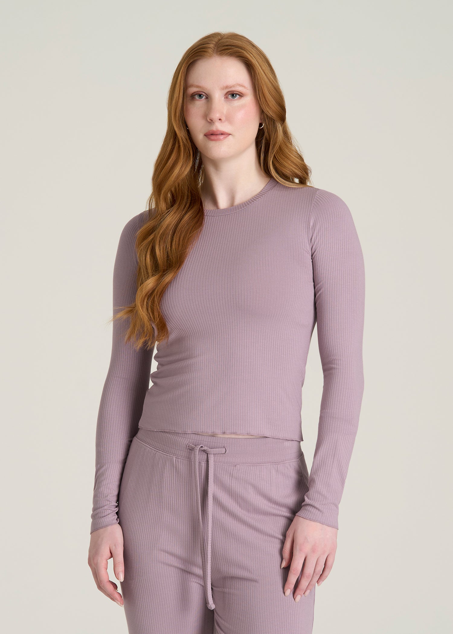 Lightweight Ribbed Cropped Lounge Top in Smoked Mauve