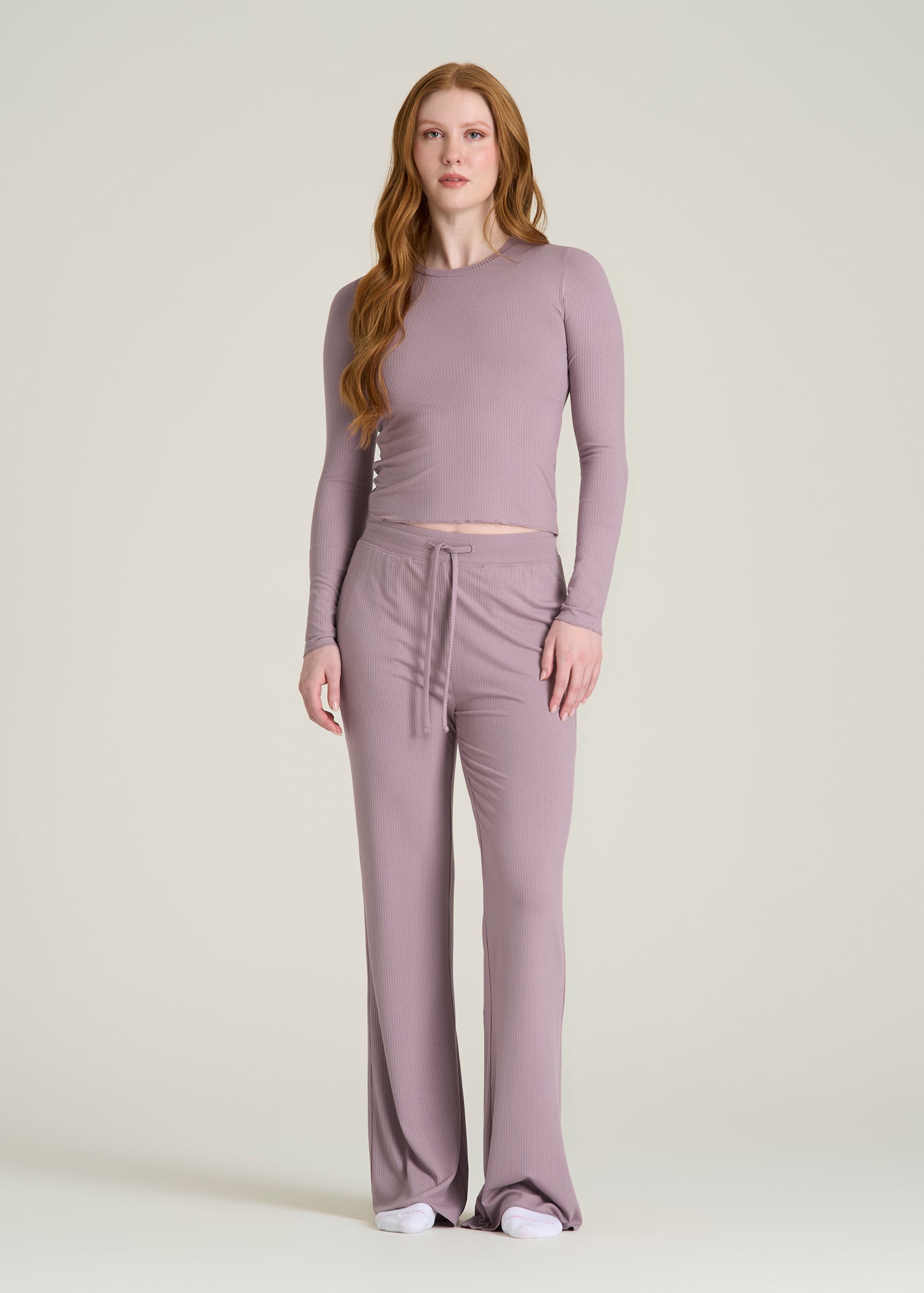 Lightweight Ribbed Cropped Lounge Top in Smoked Mauve