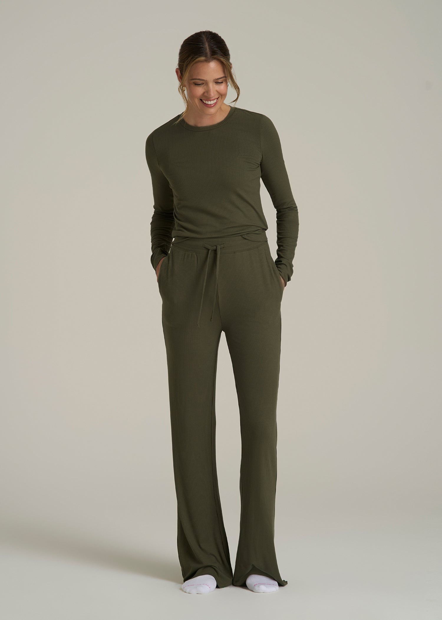 Ribbed Flare Pants for Tall Women in Forest Night