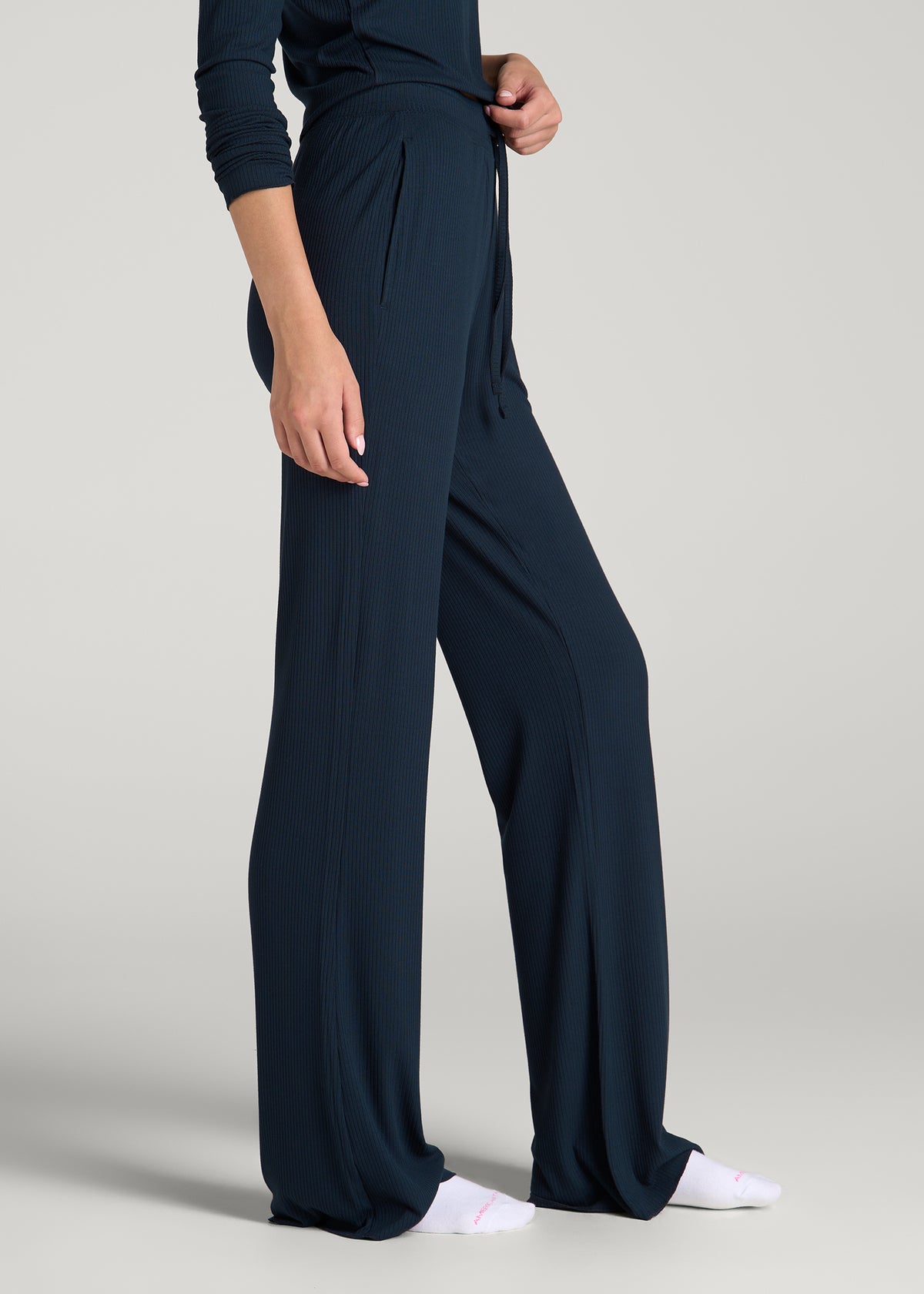 Lightweight Ribbed Flare Pants for Tall Women in Royal Navy