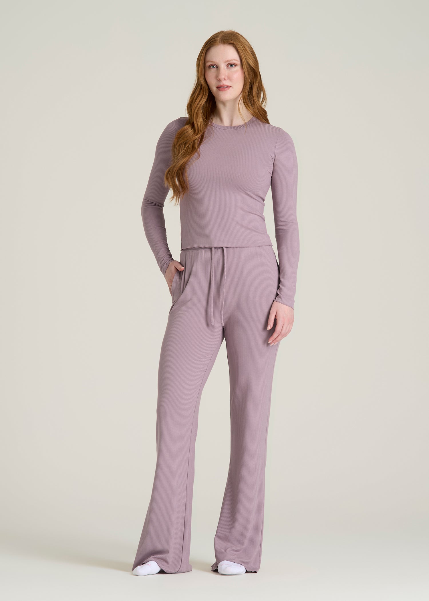 Ribbed Flare Pants for Tall Women in Smoked Mauve