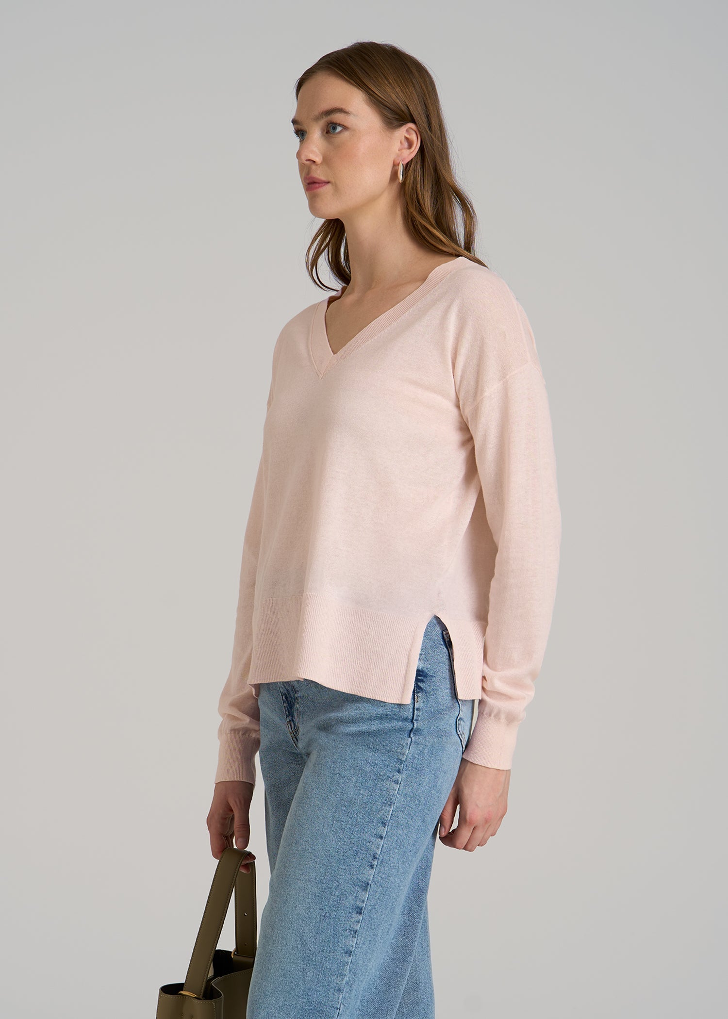 Linen Blend Split Hem V-Neck Sweater for Tall Women in Hush Pink
