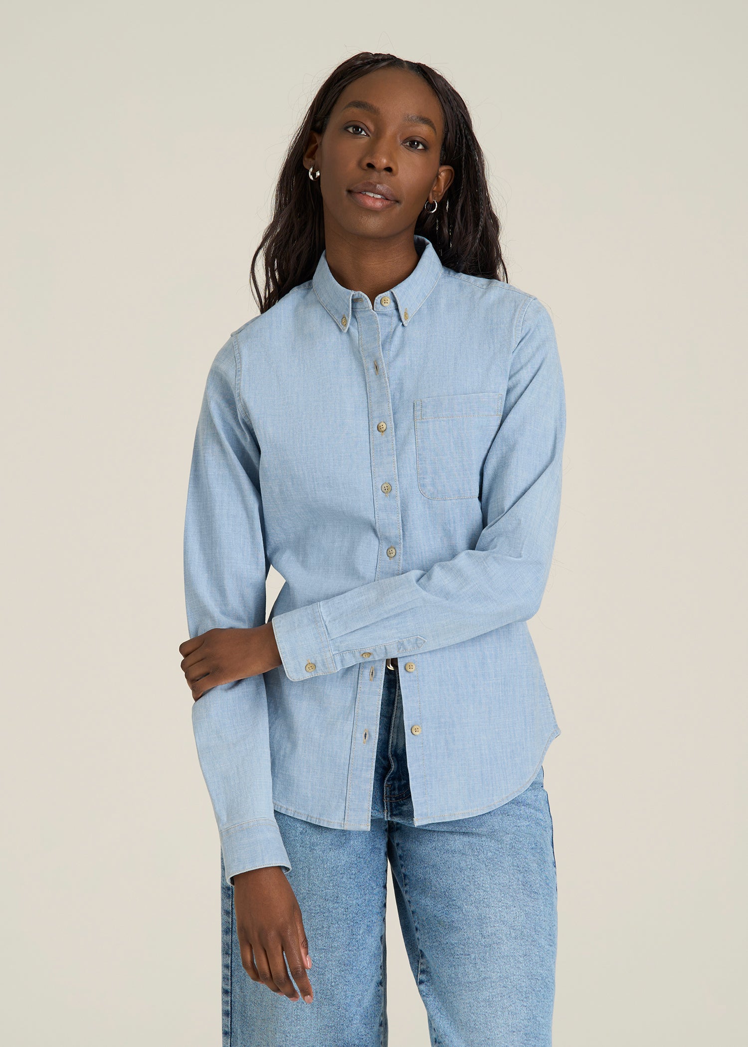Stretch Chambray Shirt for Tall Women in Light Blue Chambray