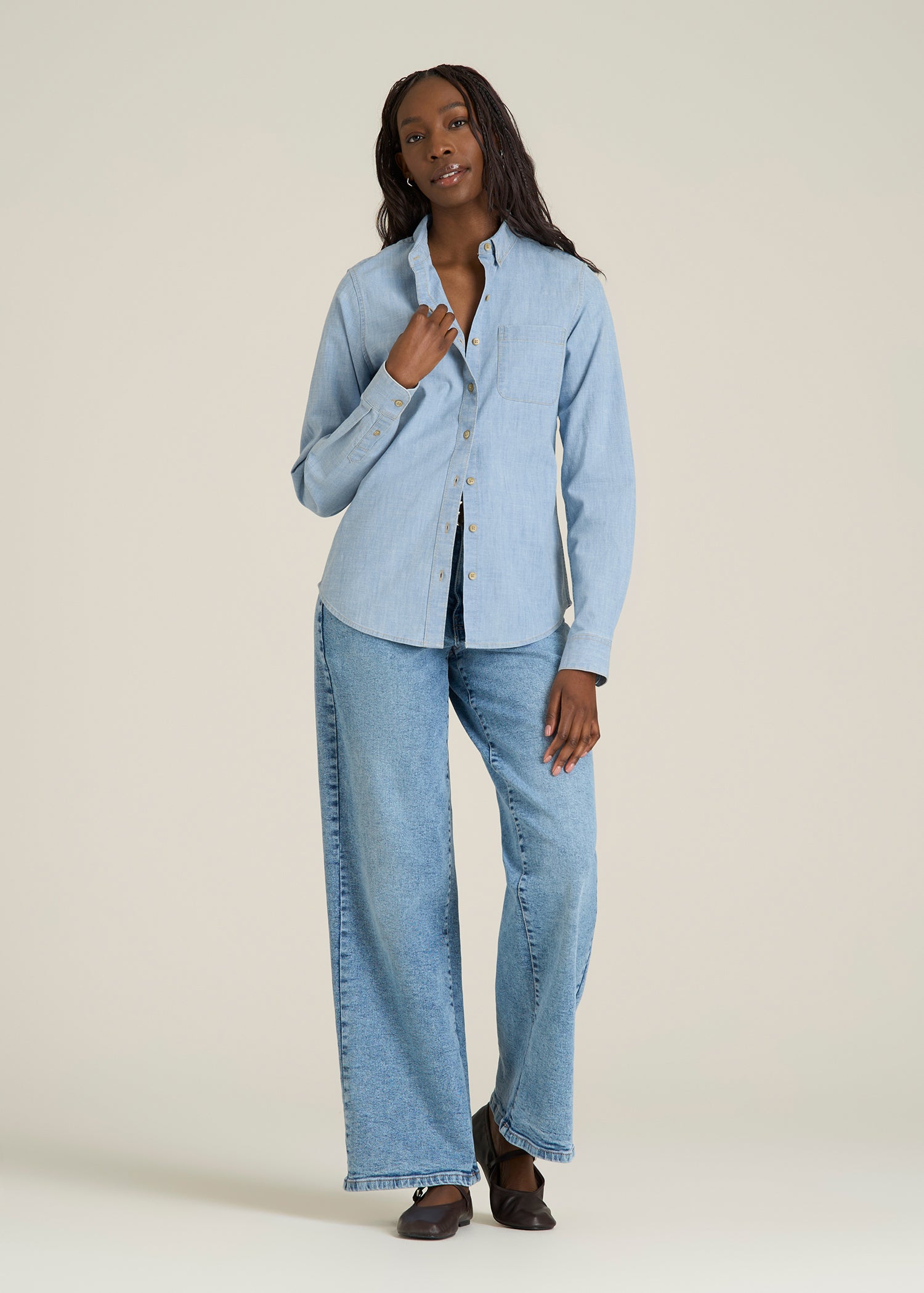 Stretch Chambray Shirt for Tall Women in Light Blue Chambray