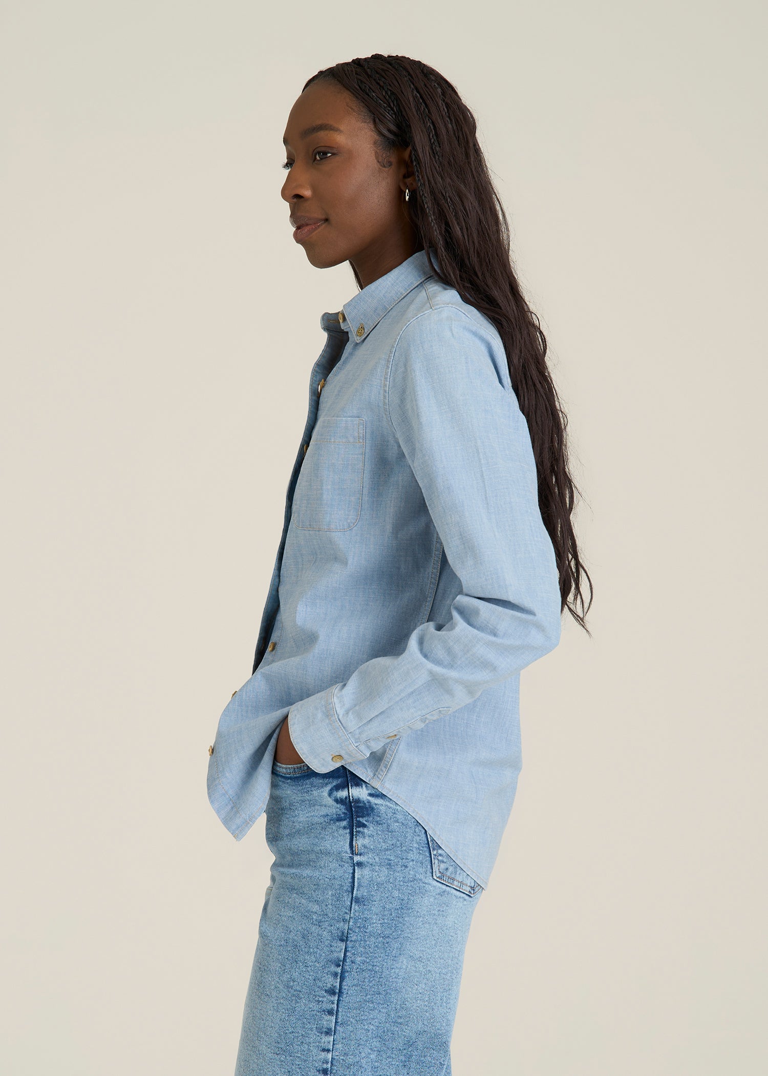 Stretch Chambray Shirt for Tall Women in Light Blue Chambray