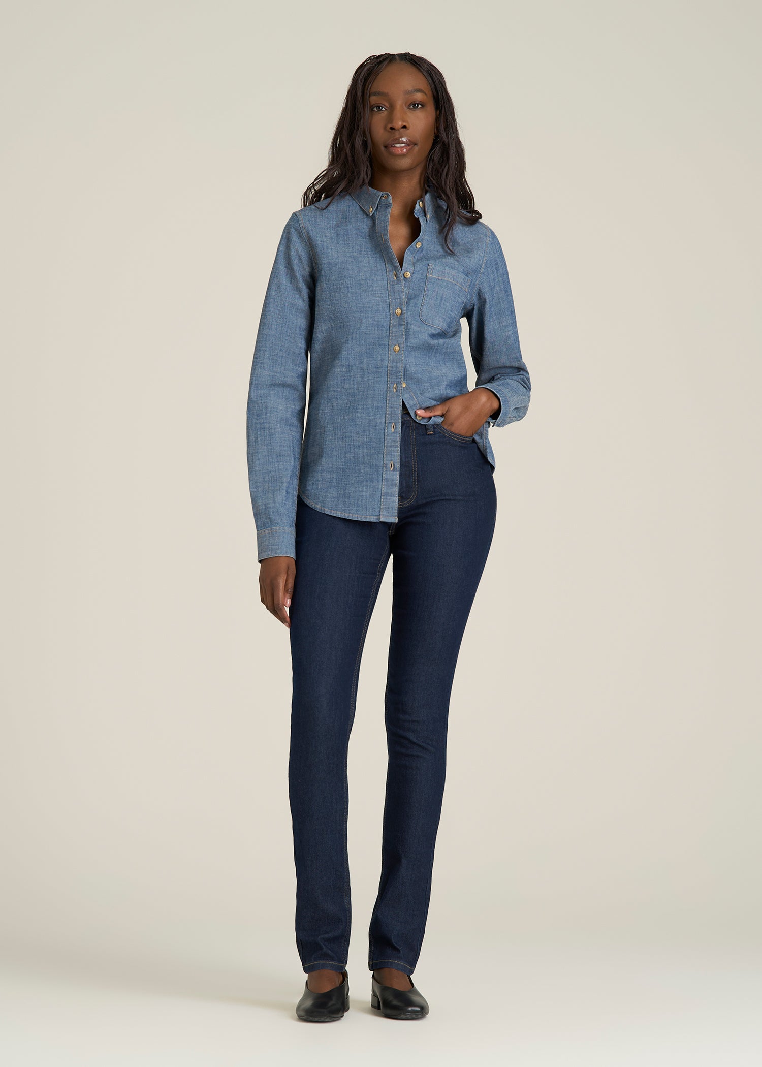 Stretch Chambray Shirt for Tall Women in Mid Blue Chambray