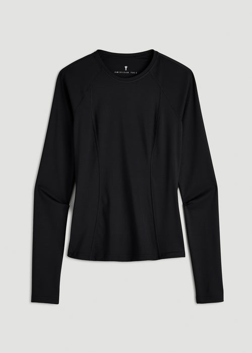 Long Sleeve Crewneck Rashguard for Tall Women in Deep Black