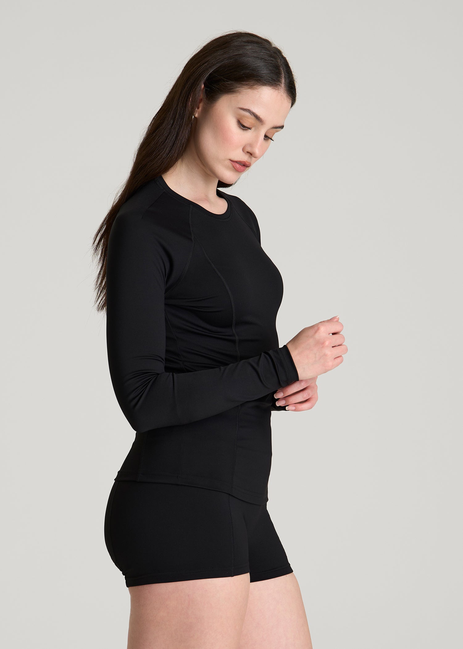 Long Sleeve Crewneck Rashguard for Tall Women in Deep Black