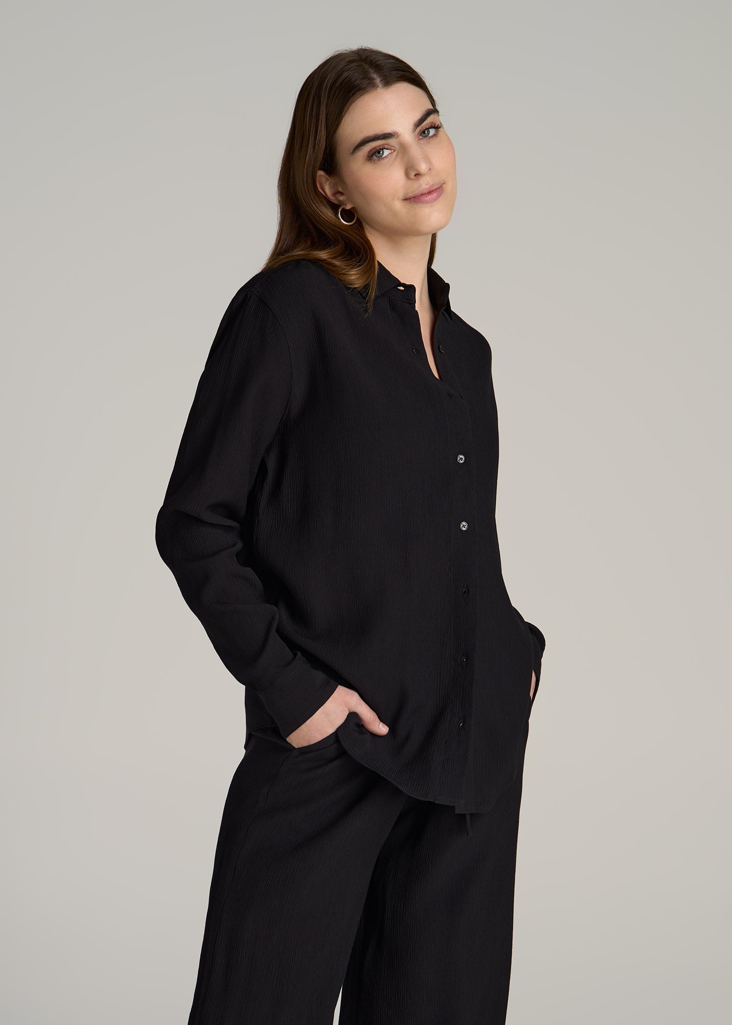 Long Sleeve Crinkle Blouse for Tall Women in Black