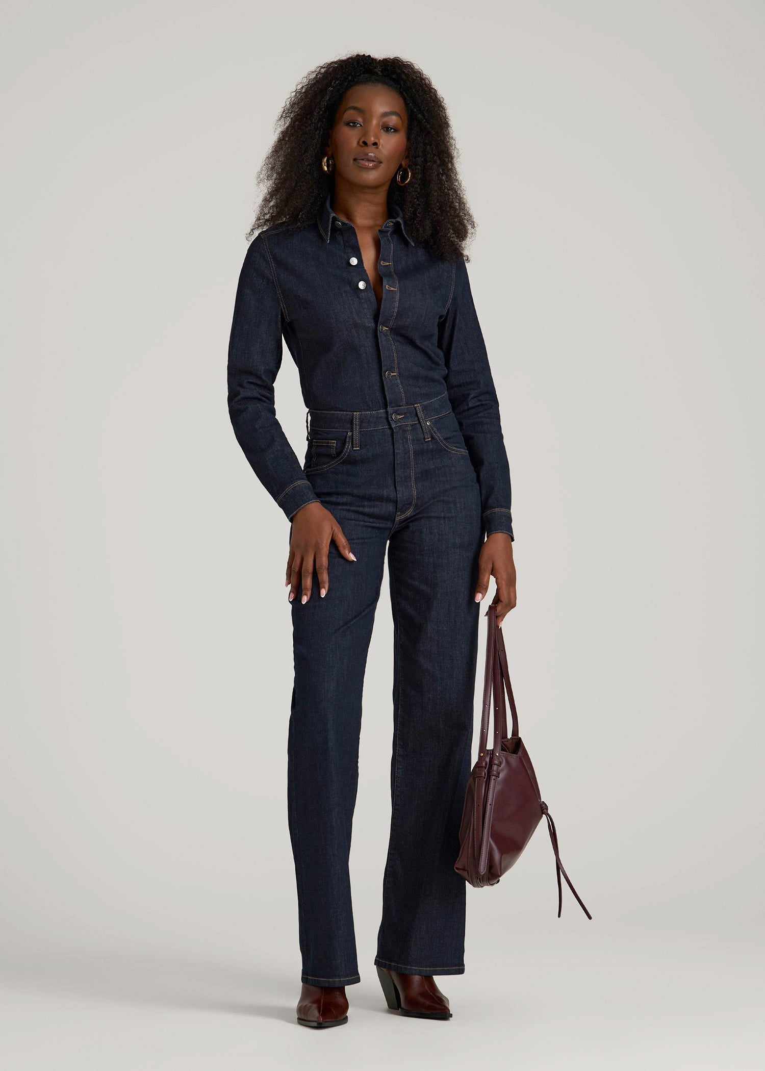 t*o様 SOMETHING AMERIACN SLEEVE ALL IN ON Long Sleeve Denim Jumpsuit for Tall Women | American Tall