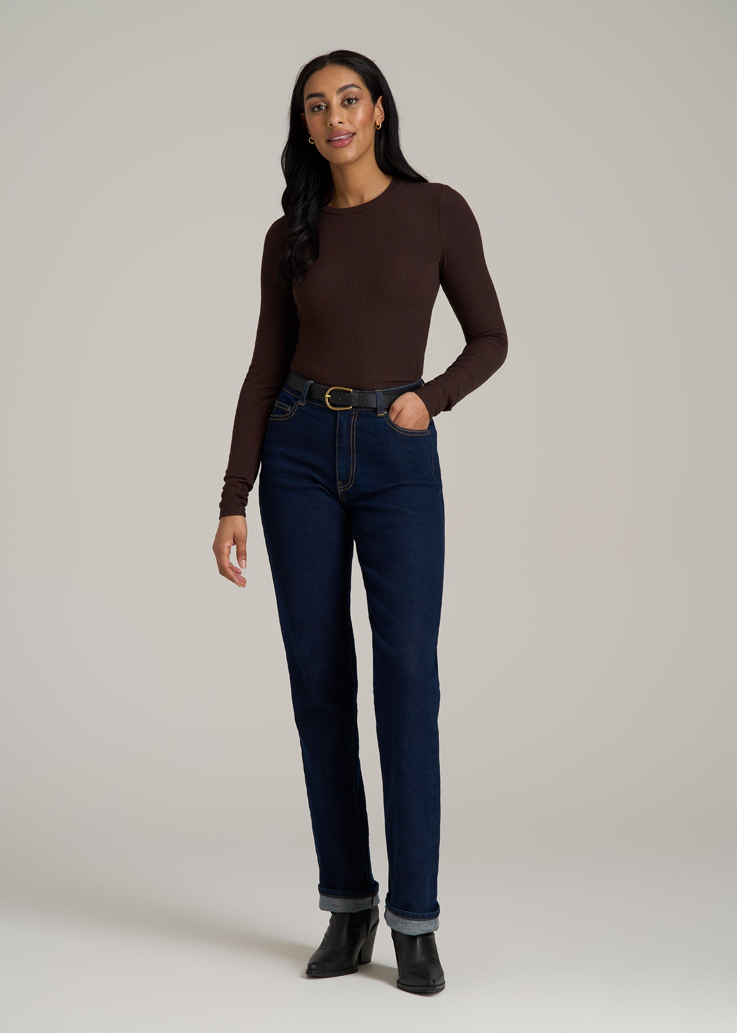 FITTED Ribbed Long Sleeve Tee for Tall Women in Espresso