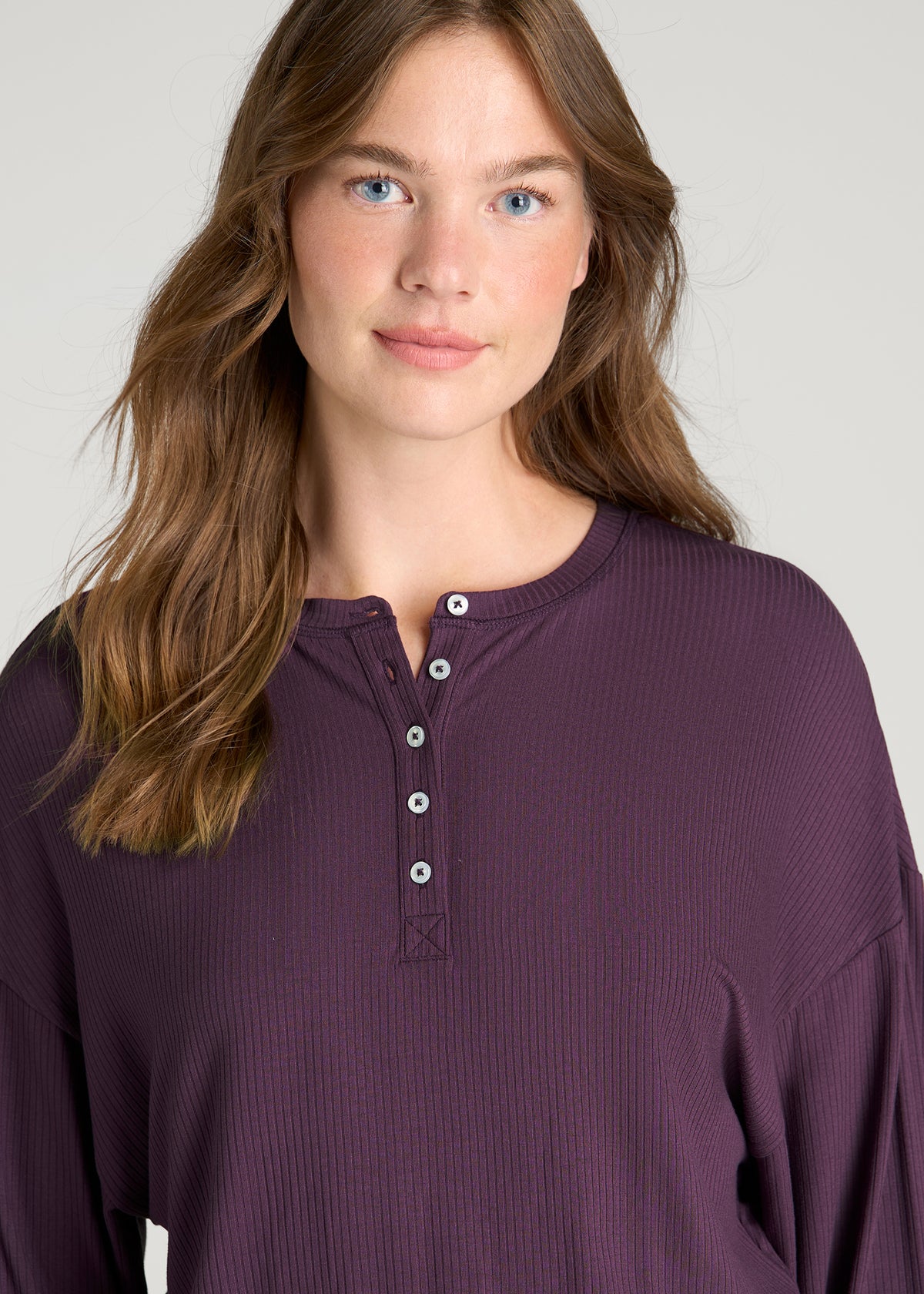 Long Sleeve Ribbed Lounge Romper for Tall Women in Aubergine