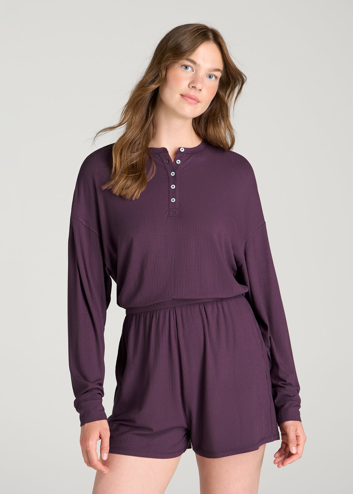 Long Sleeve Ribbed Lounge Romper for Tall Women in Aubergine