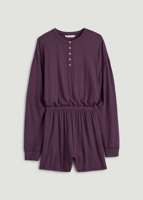 Long Sleeve Ribbed Lounge Romper for Tall Women in Aubergine