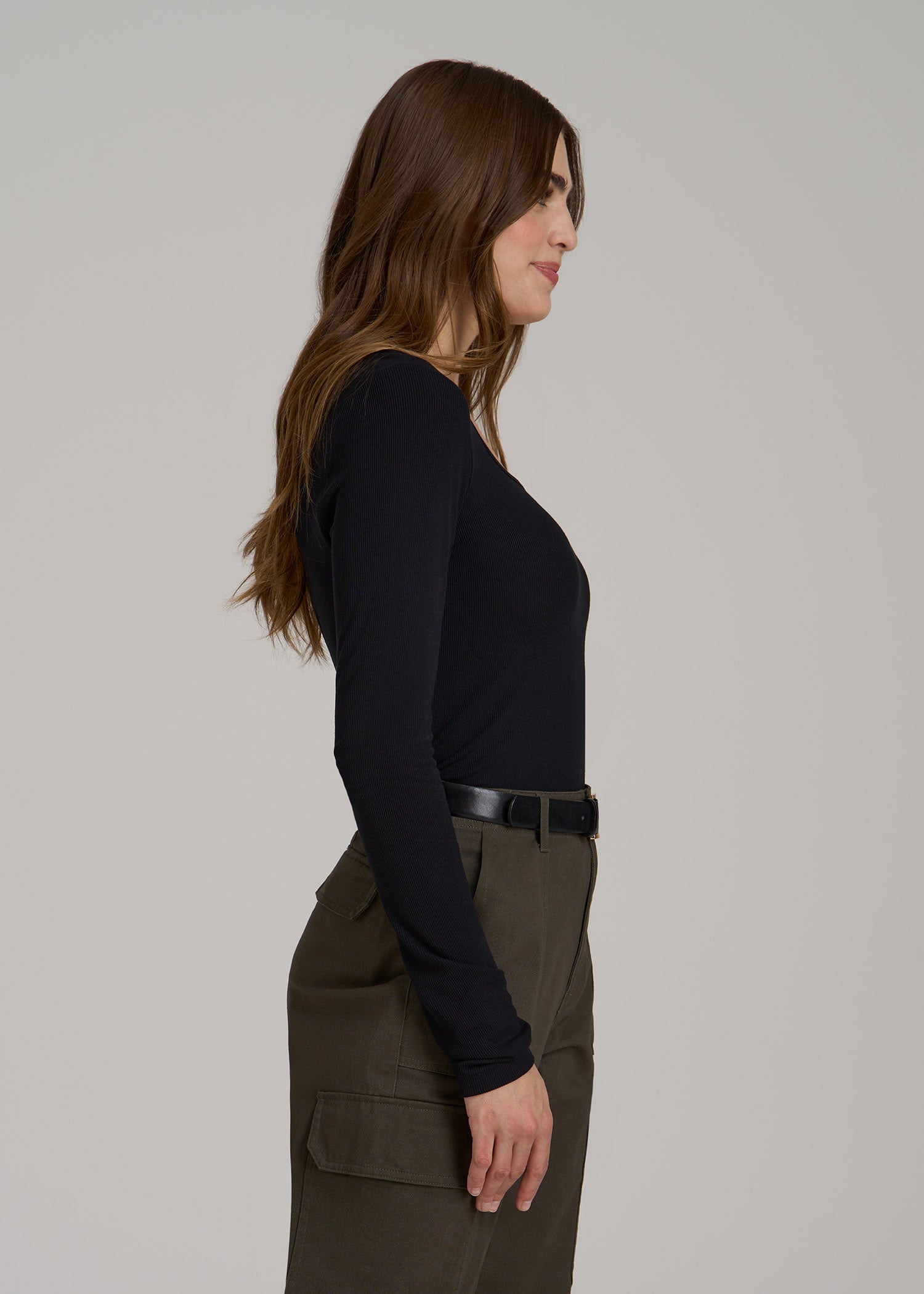 Long Sleeve Ribbed Square Neck Top for Tall Women in Black