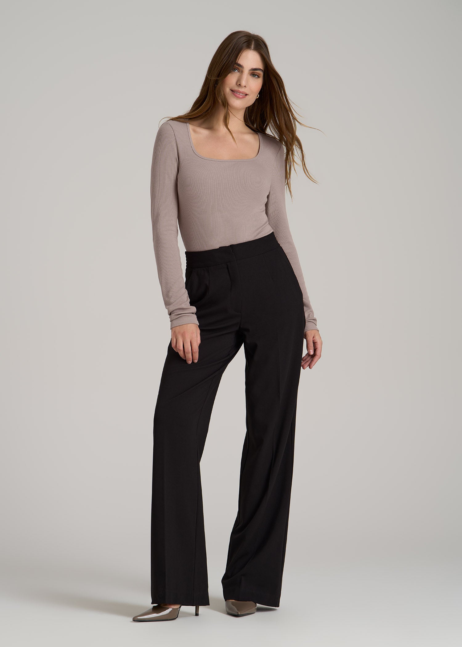 Long Sleeve Ribbed Square Neck Top for Tall Women in Truly Taupe