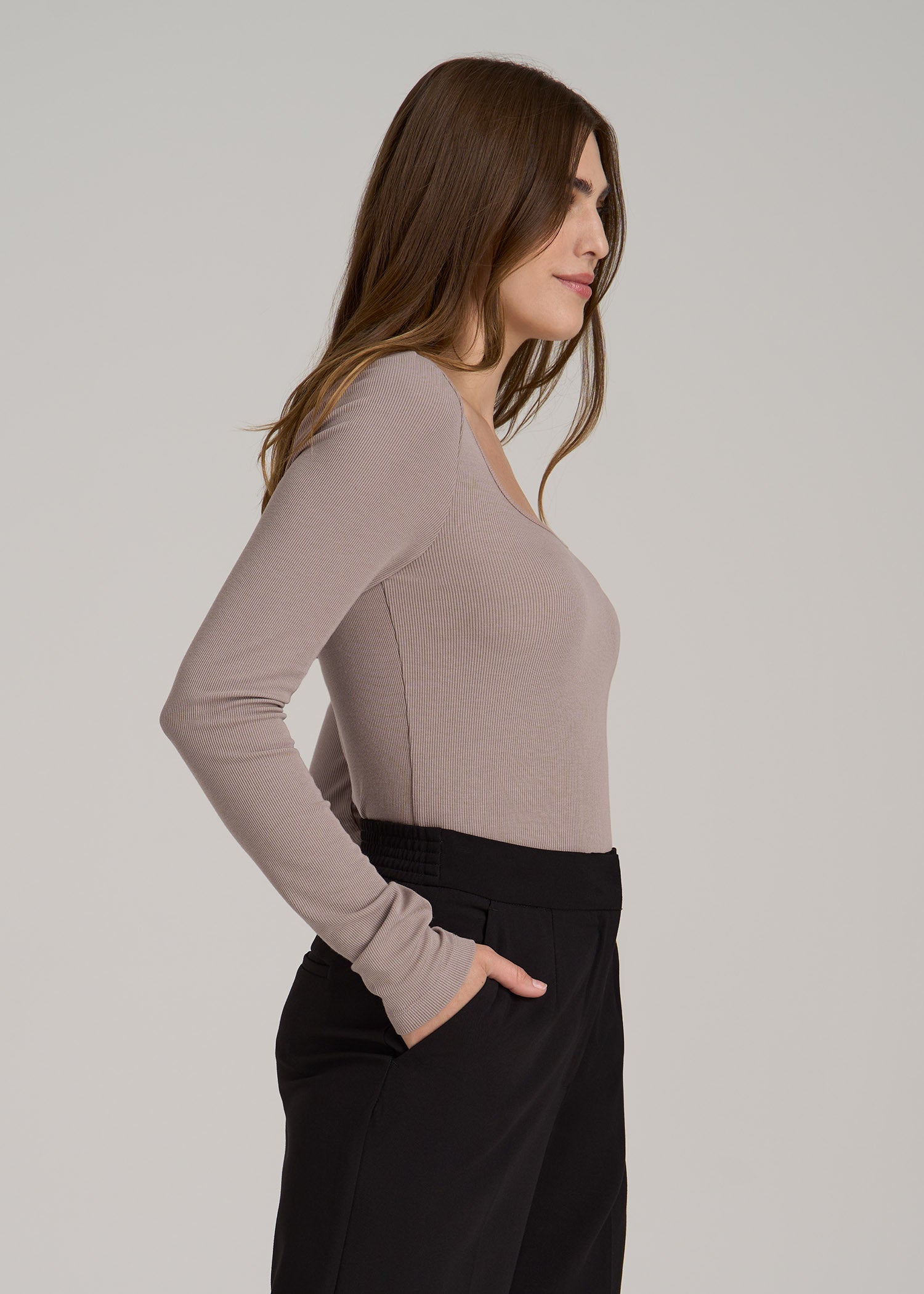 Long Sleeve Ribbed Square Neck Top for Tall Women in Truly Taupe