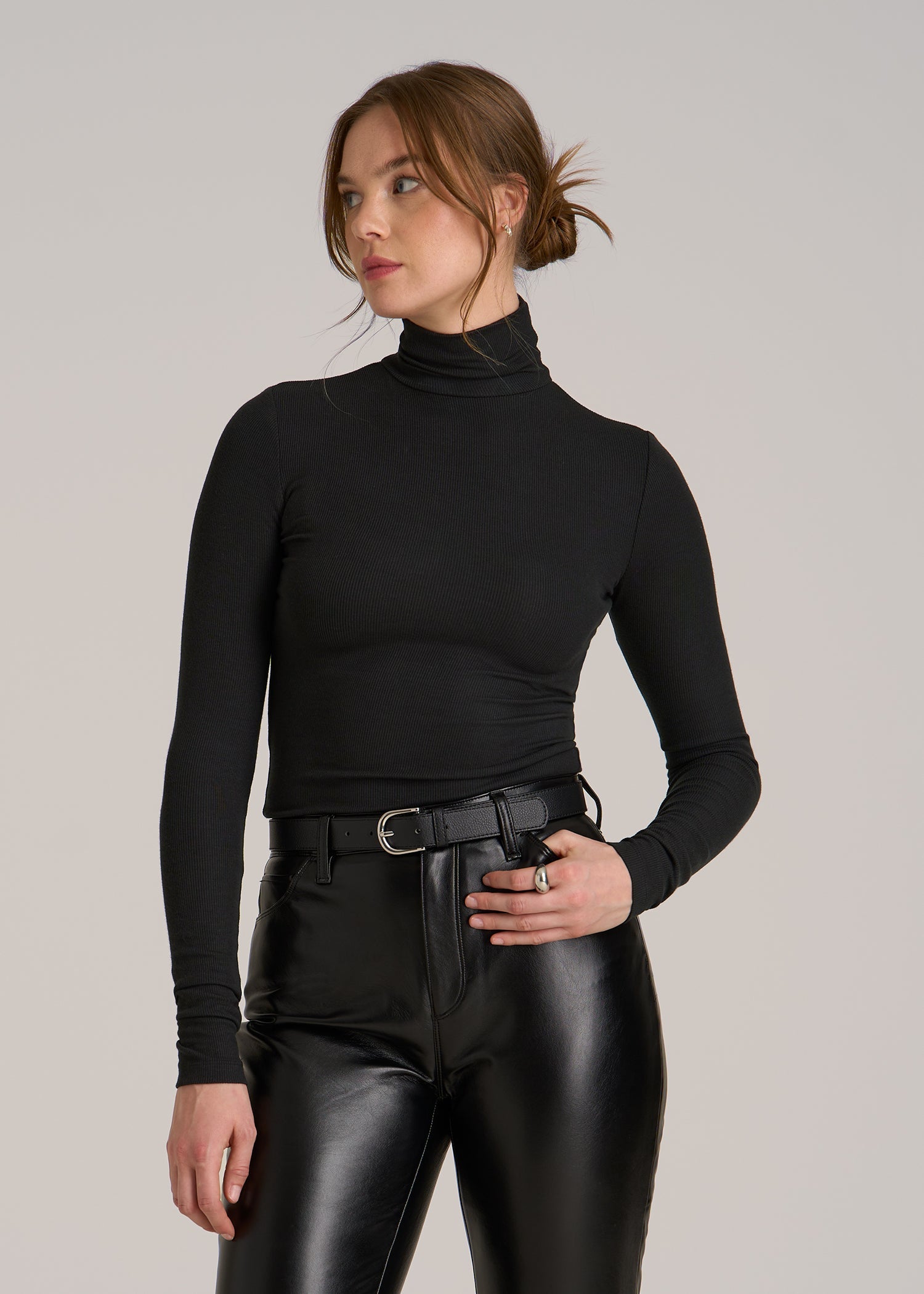 Fitted Long Sleeve Ribbed Turtleneck Tee for Tall Women in Black