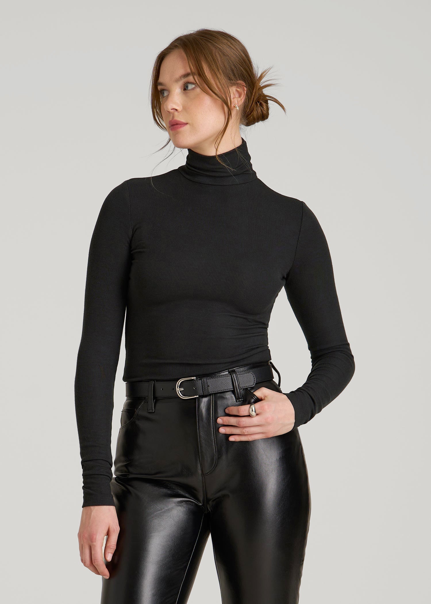 Fitted Long Sleeve Ribbed Turtleneck Tee for Tall Women in Black XS / Tall / Black Fitted Long Sleeve Ribbed Turtleneck Tee for Tall Women in Black XS / Tall / Black