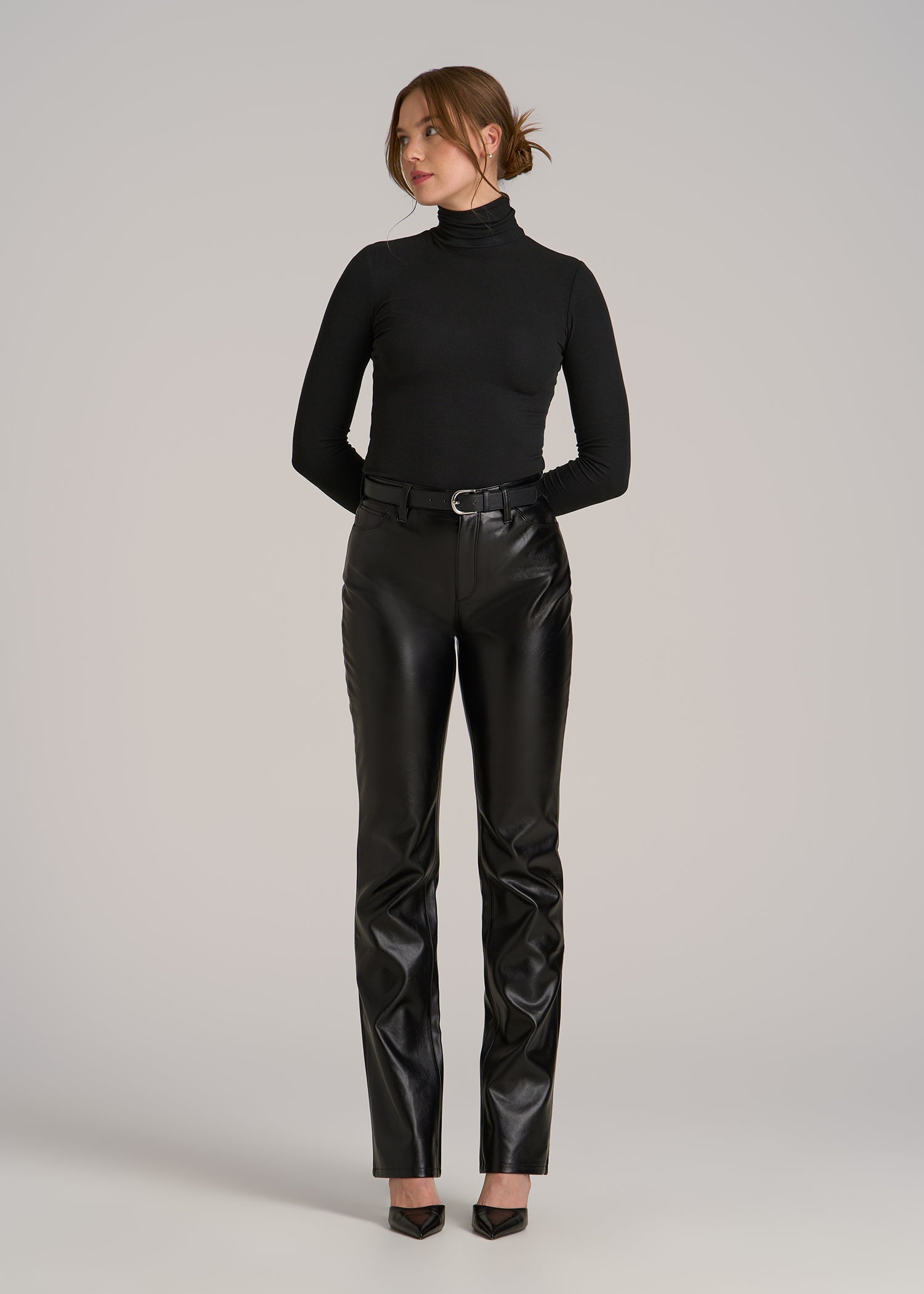 Fitted Long Sleeve Ribbed Turtleneck Tee for Tall Women in Black