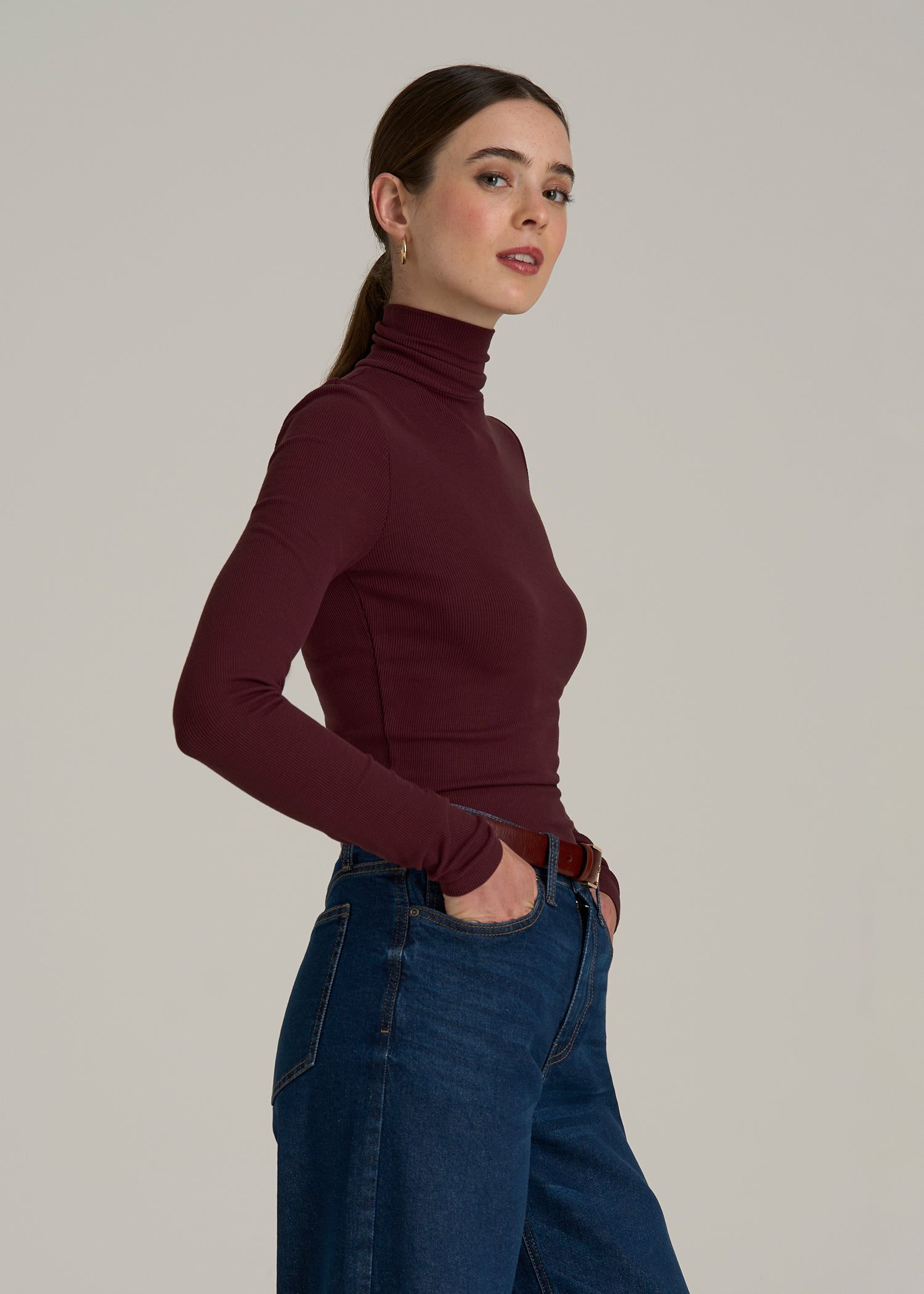 Fitted Long Sleeve Ribbed Turtleneck Tee for Tall Women in Port Royale