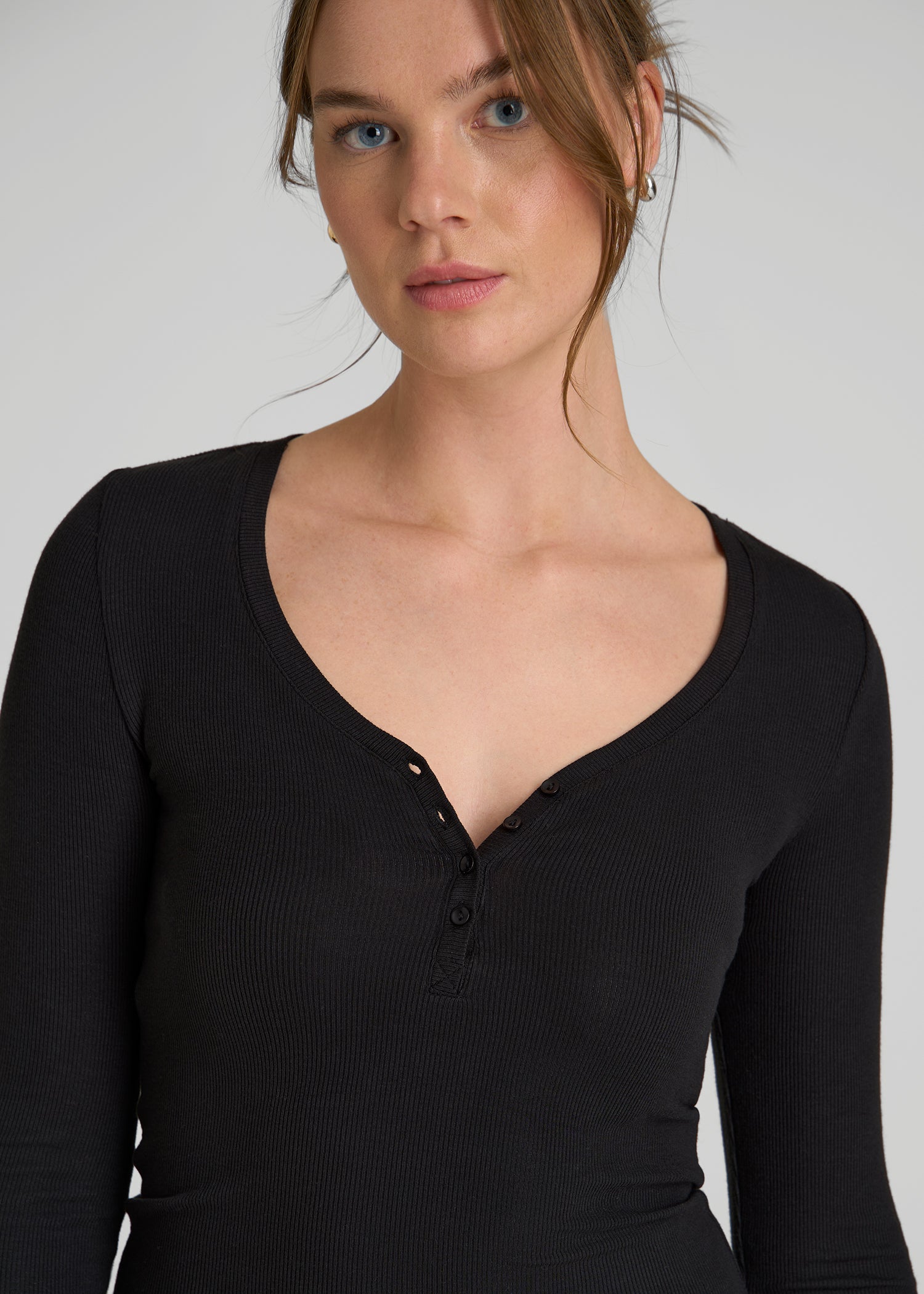 Fitted Ribbed Long Sleeve Henley for Tall Women in Black