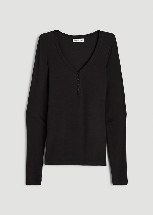 Fitted Ribbed Long Sleeve Henley for Tall Women in Black