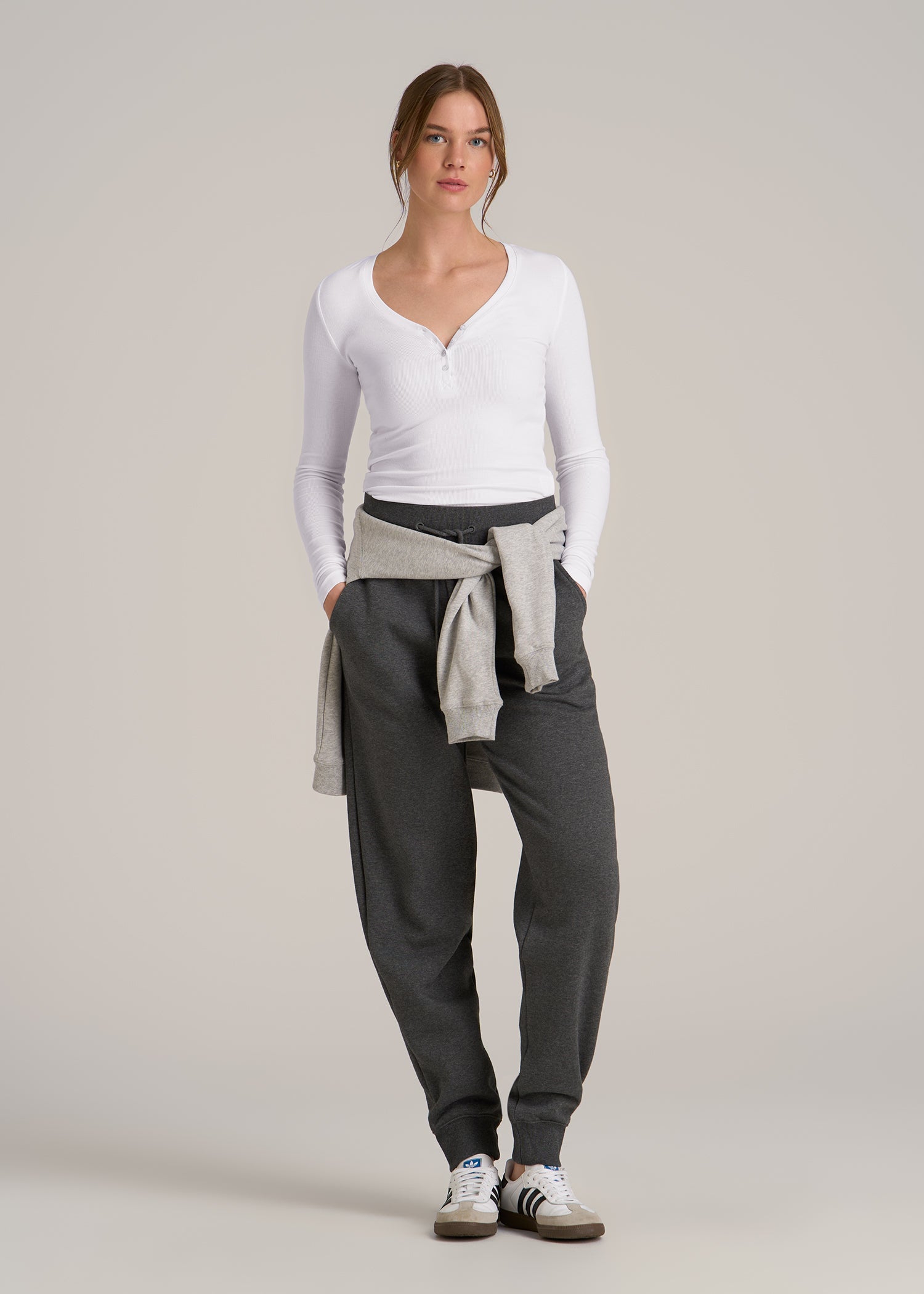 Fitted Ribbed Long Sleeve Henley for Tall Women in White