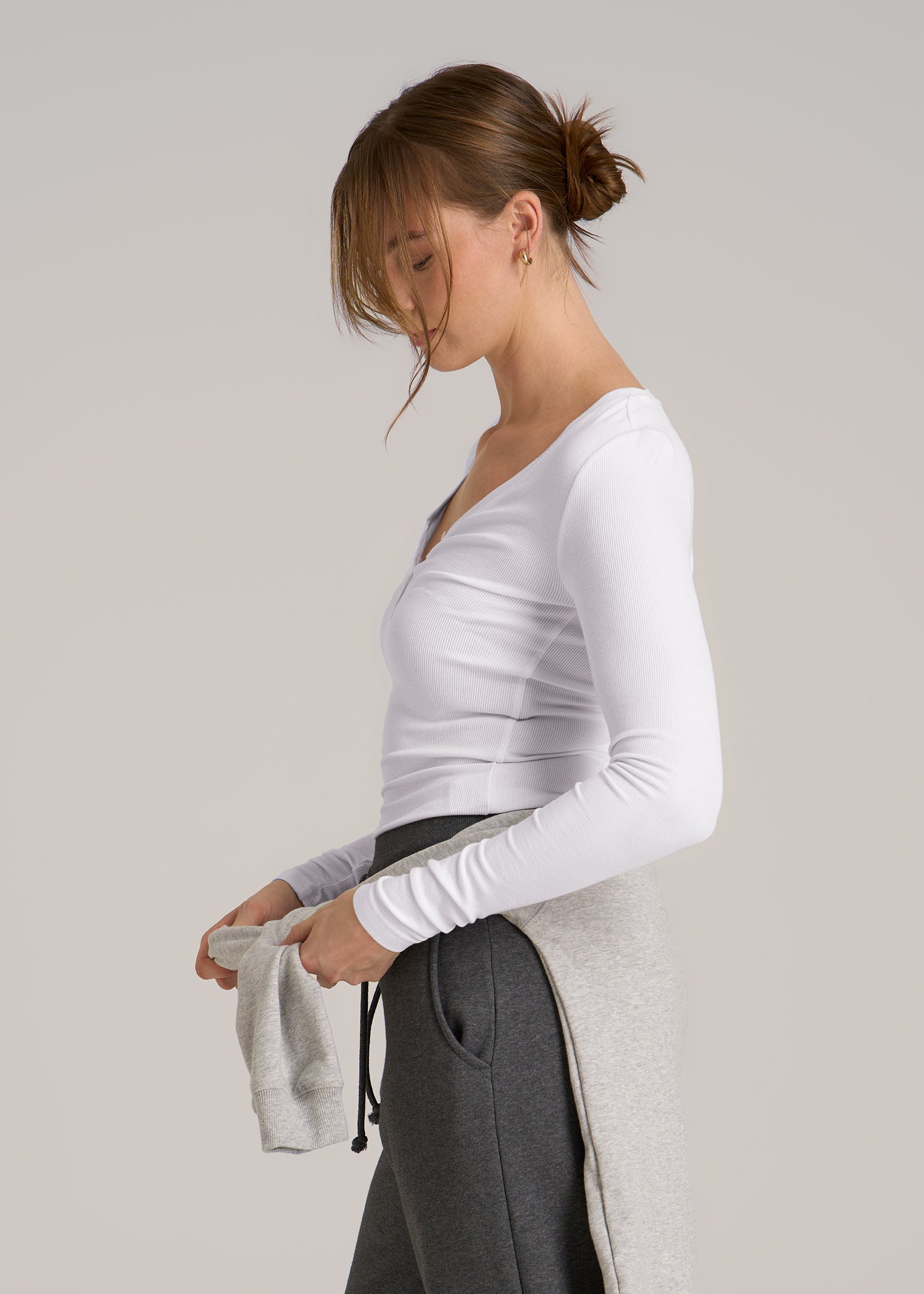 Fitted Ribbed Long Sleeve Henley for Tall Women in White