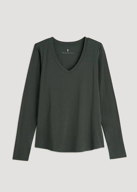 Long Sleeve Scoop V-Neck Tee Shirt for Tall Women in Charcoal
