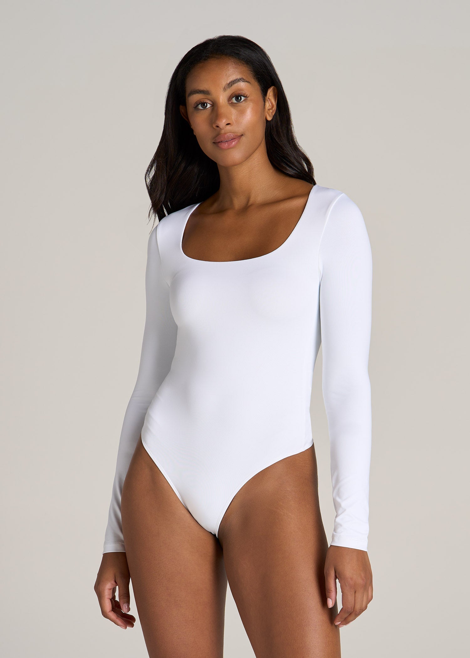 Long Sleeve Square Neck Bodysuit for Tall Women in Bright White