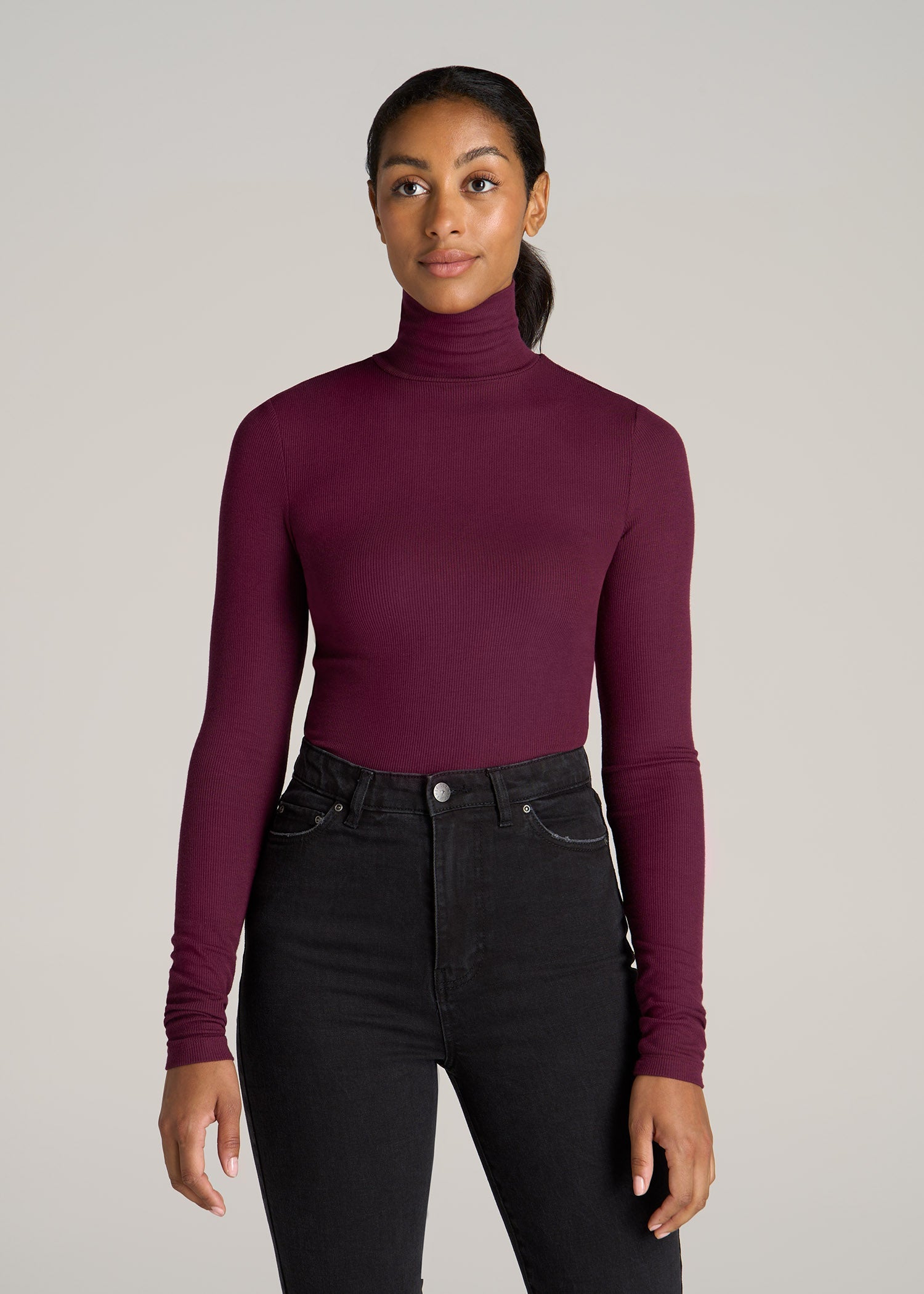 Fitted Long Sleeve Ribbed Turtleneck Tee for Tall Women in Elderberry