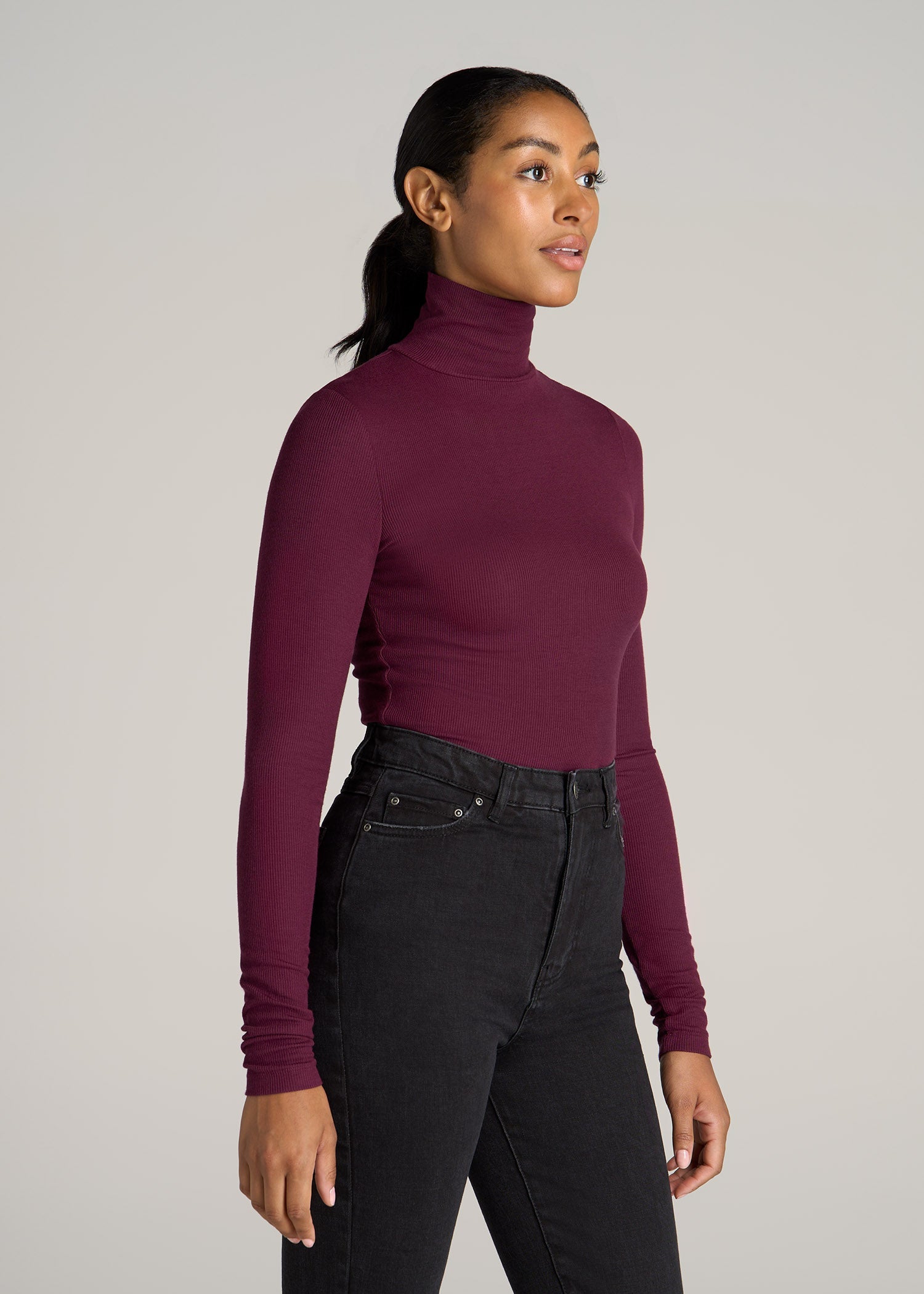 Fitted Long Sleeve Ribbed Turtleneck Tee for Tall Women in Elderberry