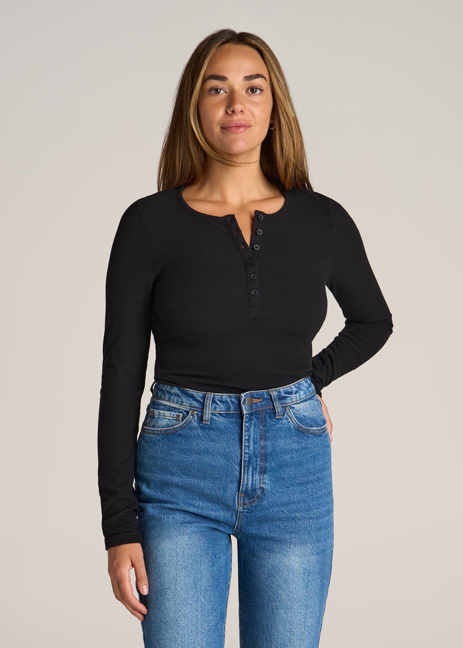 Long Sleeve Ribbed Crewneck Henley Shirt for Tall Women in Black
