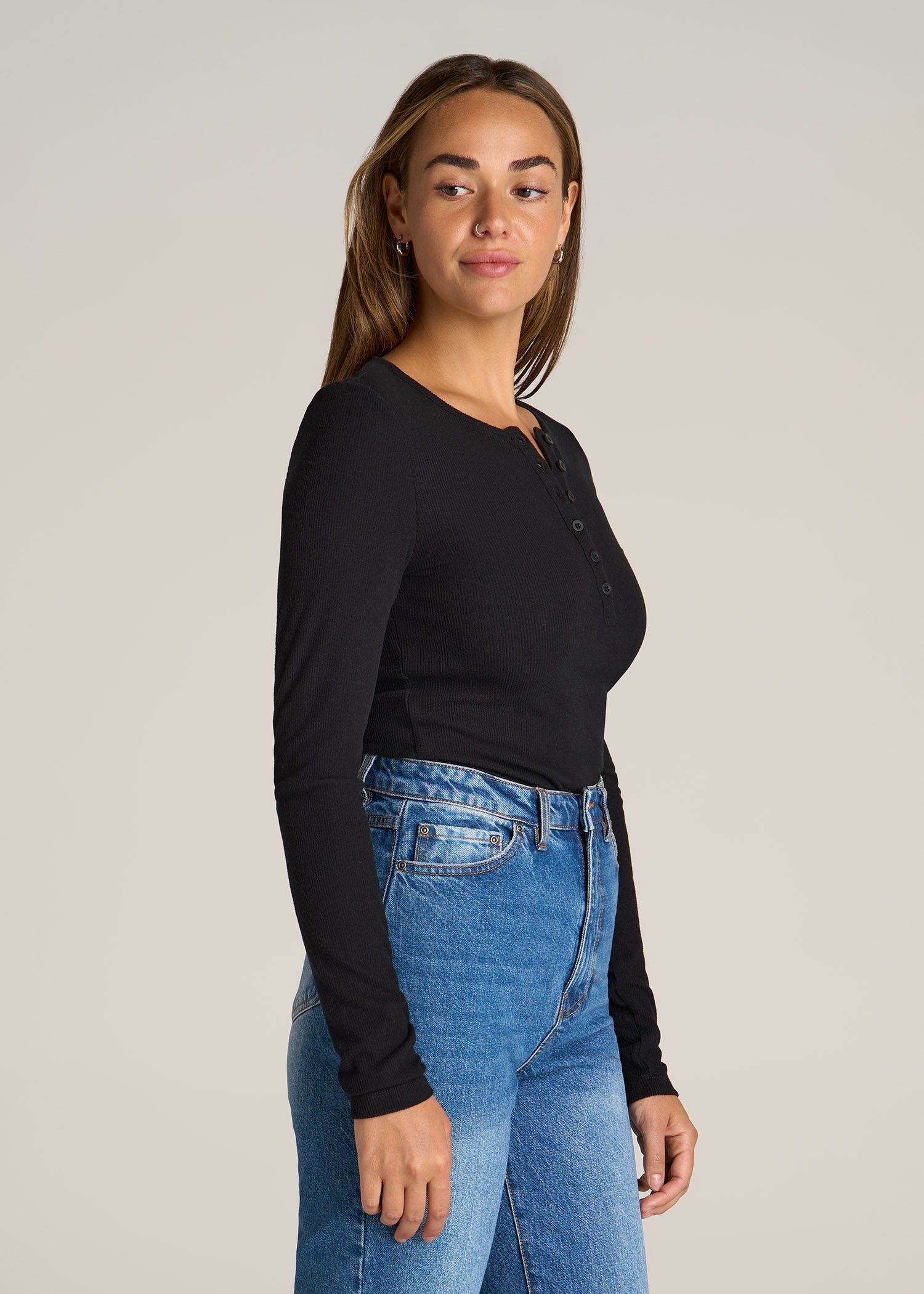 Long Sleeve Ribbed Crewneck Henley Shirt for Tall Women in Black
