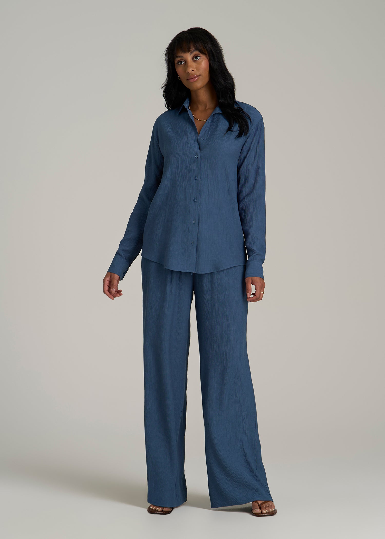 Long Sleeve Crinkle Blouse for Tall Women in Flag Blue