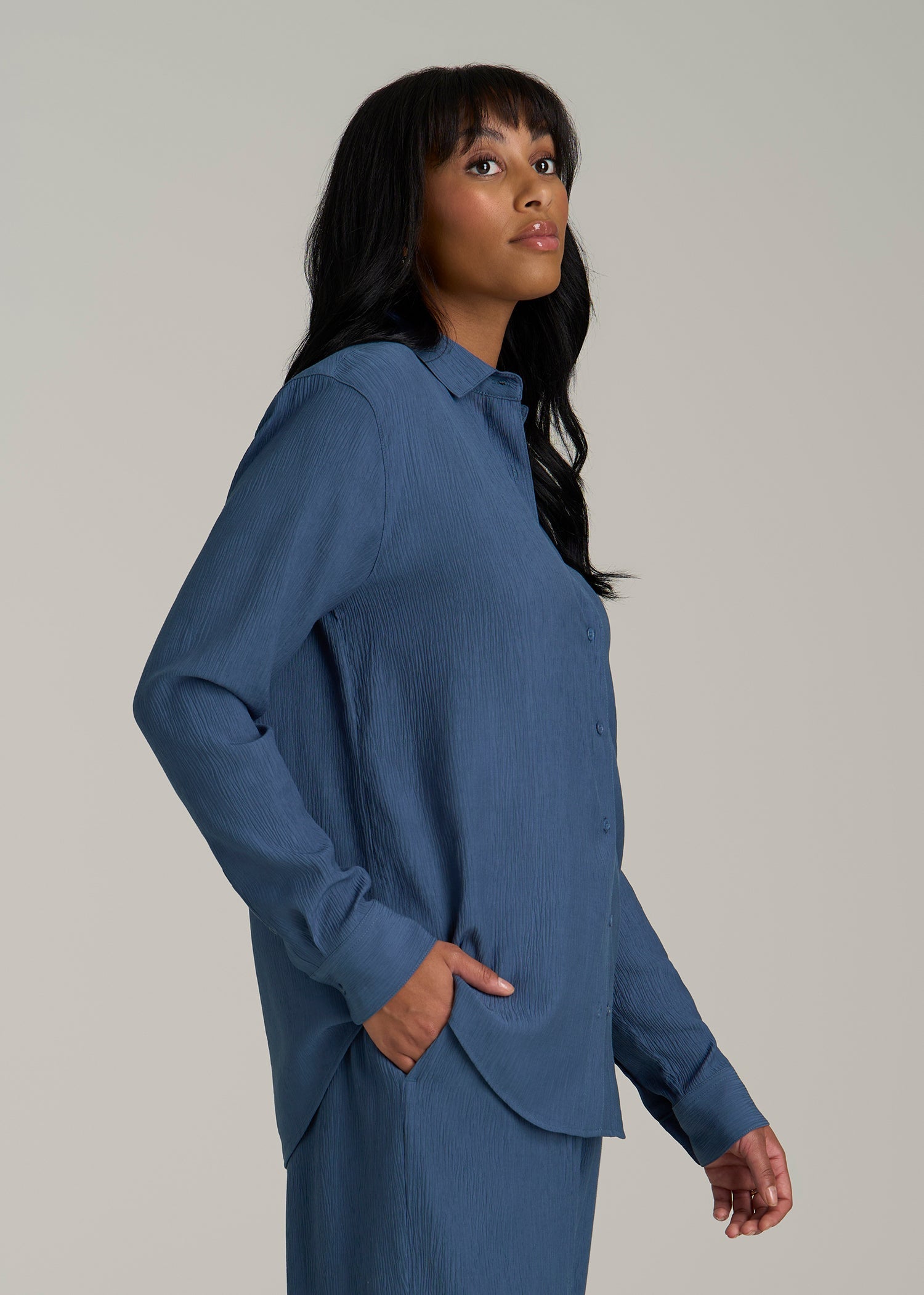 Long Sleeve Crinkle Blouse for Tall Women in Flag Blue