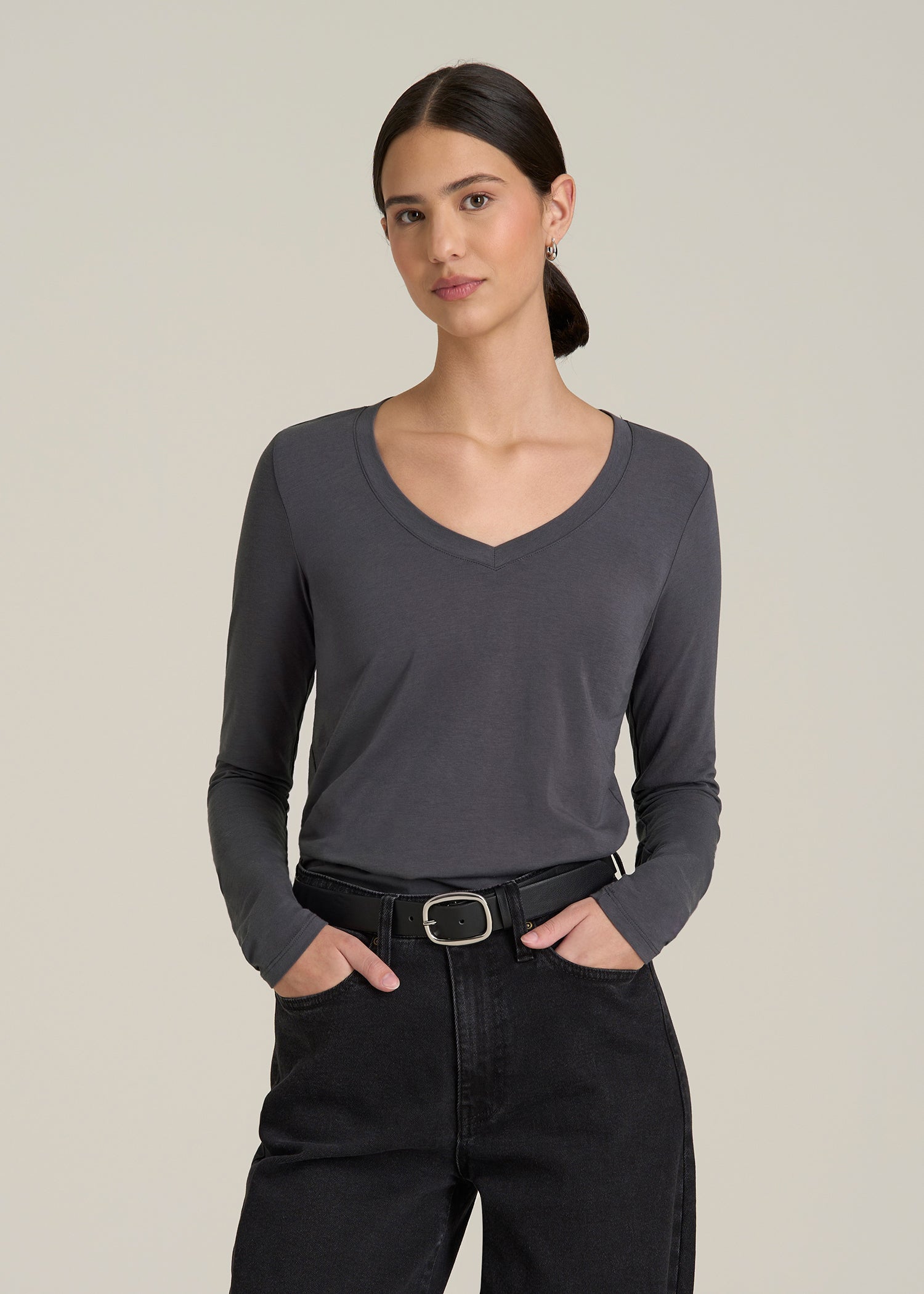 Long Sleeve Scoop V-Neck Tee Shirt for Tall Women | American Tall