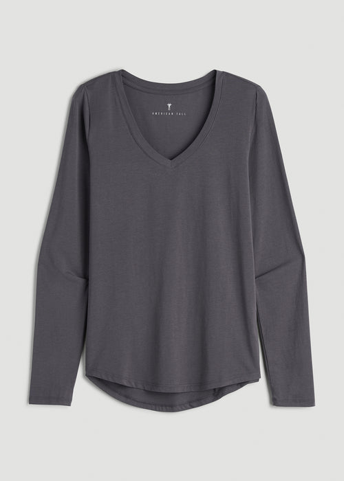Long Sleeve Scoop V-Neck Tee Shirt for Tall Women in Charcoal